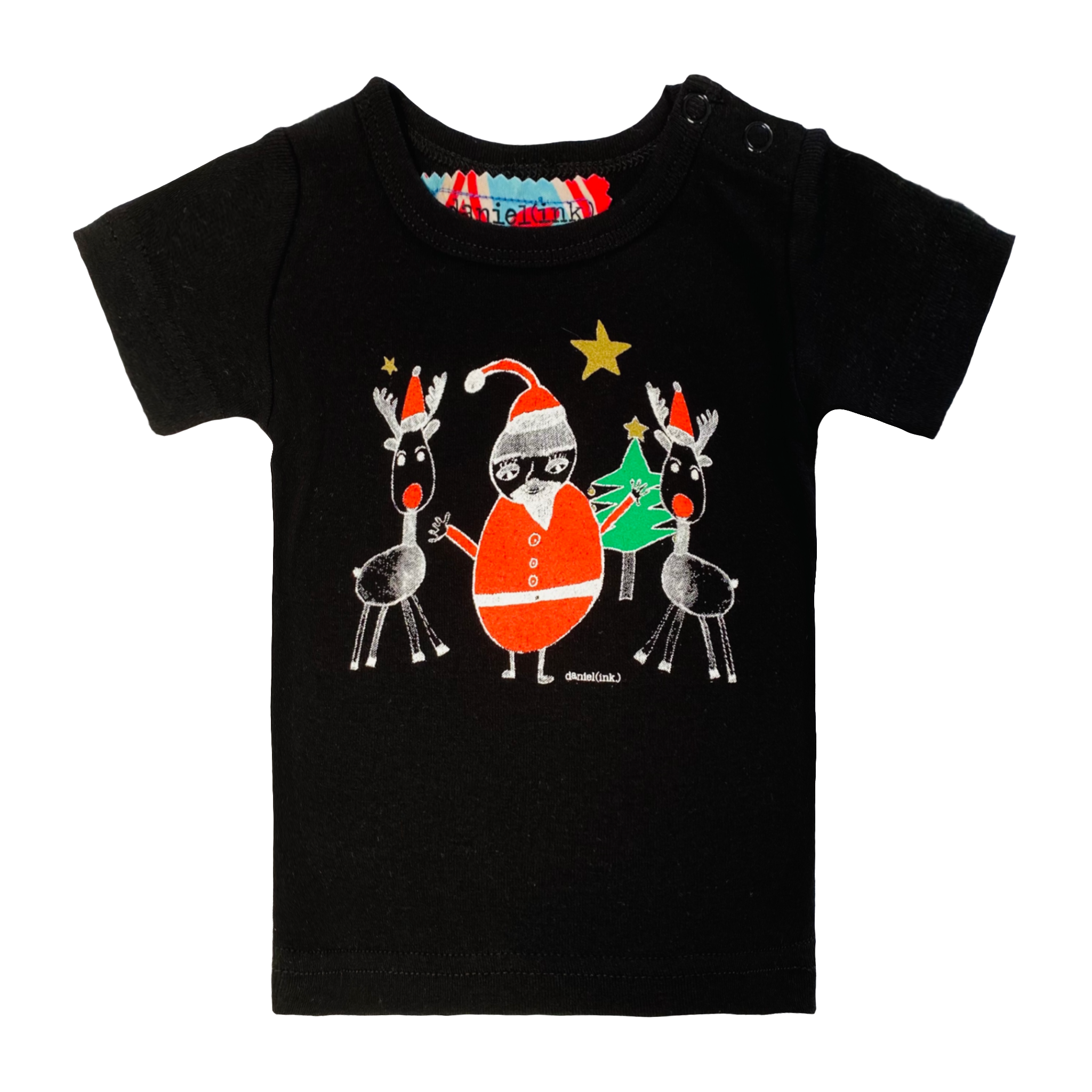 Black, short sleeve babies' t-shirt featuring a hand drawn sketch of Santa Claus standing with two reindeer in front of a Christmas tree. Santa Claus is wearing his signature red outfit and the two reindeer either side of him are in red pointy Santa hats. This t-shirt has a red, white, and blue fabric label on the back of the neck and has two black press studs on the left shoulder.