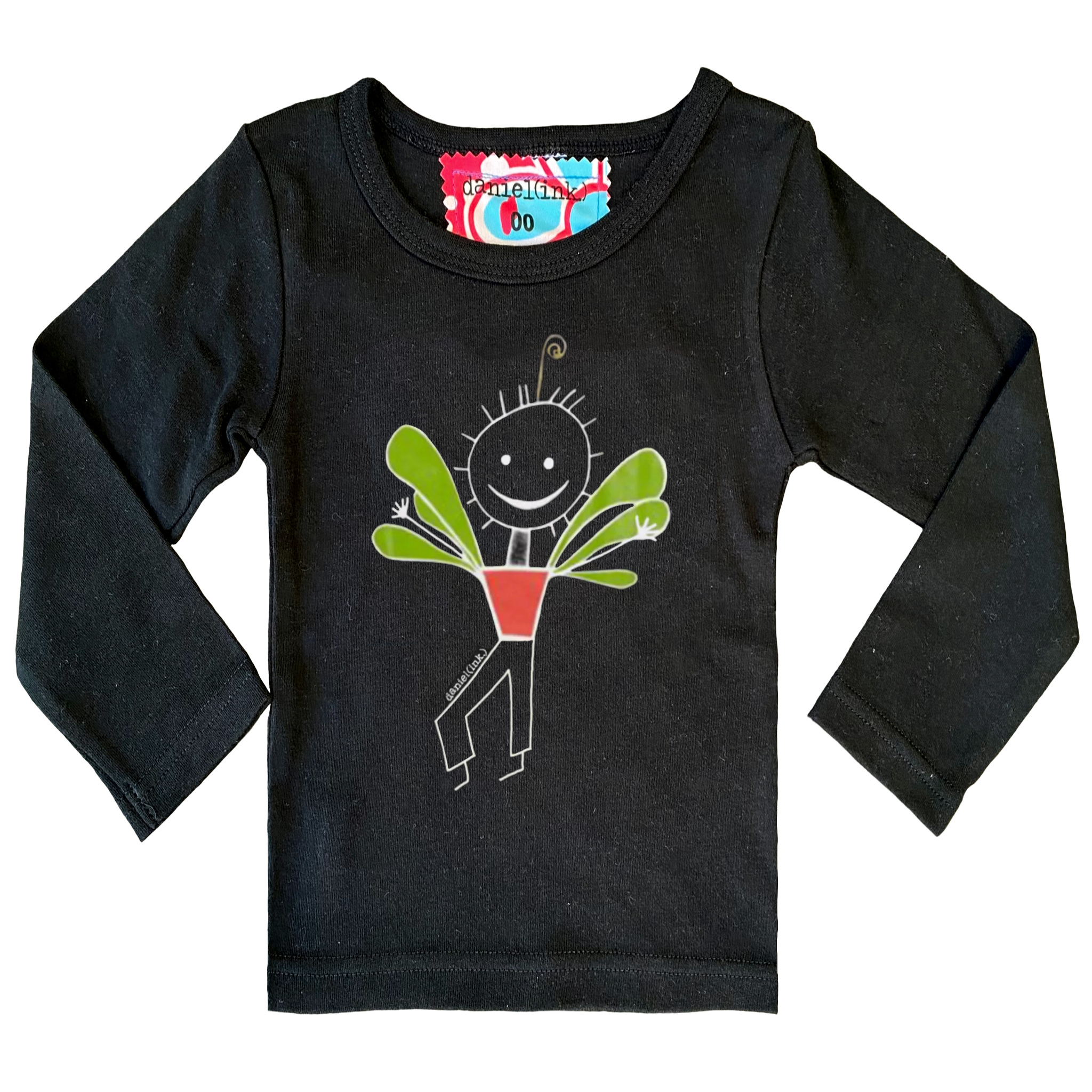 Black, long sleeve babies' shirt featuring an image of a happy humanoid pot plant. The plant person is smiling and has a red plant pot-shaped torso with long legs and green leaves sprouting from the torso. This t-shirt has a red, white, and blue fabric label on the back of the neck.