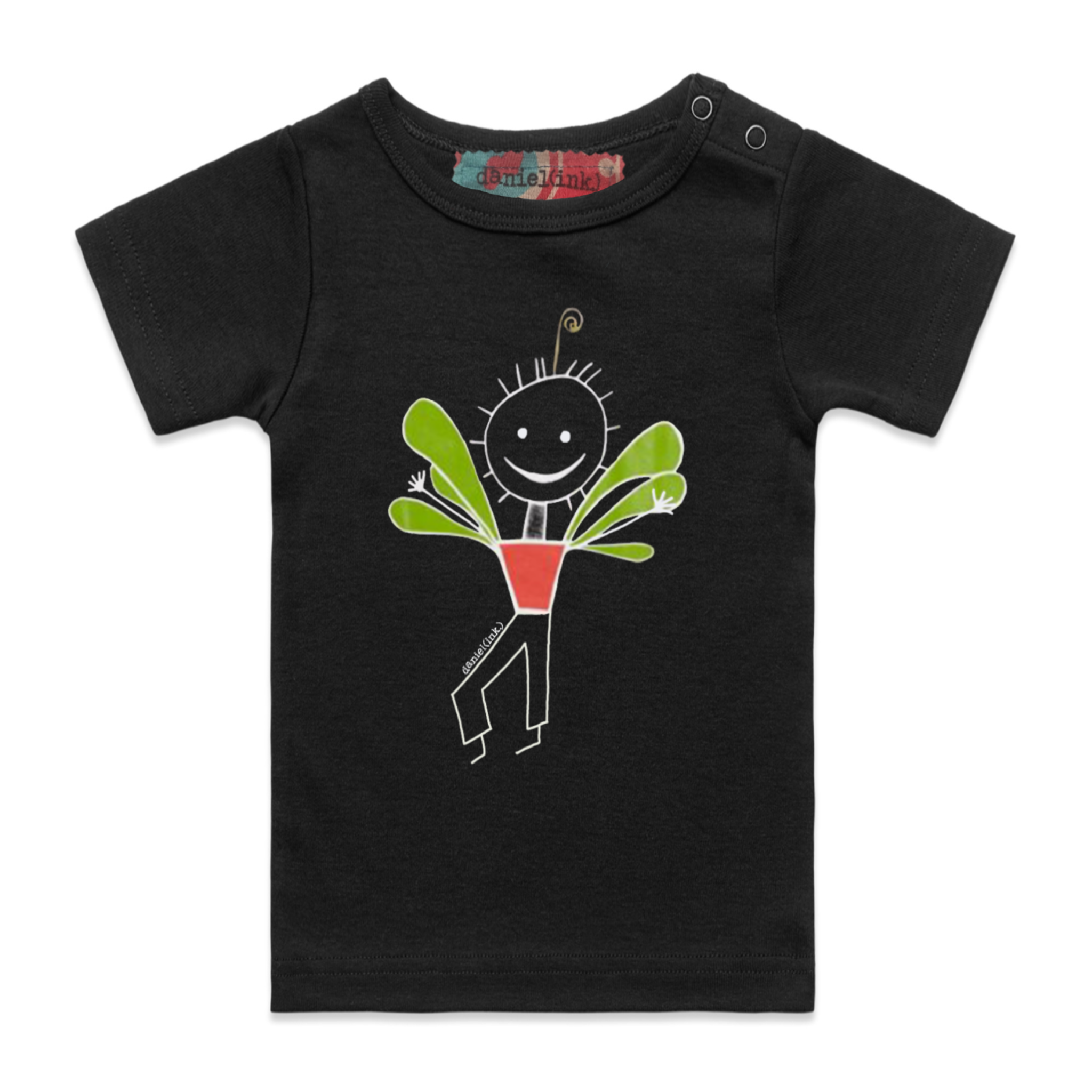 Black, short sleeve babies' t-shirt featuring an image of a happy humanoid pot plant. The plant person is smiling and has a red plant pot-shaped torso with long legs and green leaves sprouting from the torso. This t-shirt has a red, white, and blue fabric label on the back of the neck and has two black press studs on the left shoulder.