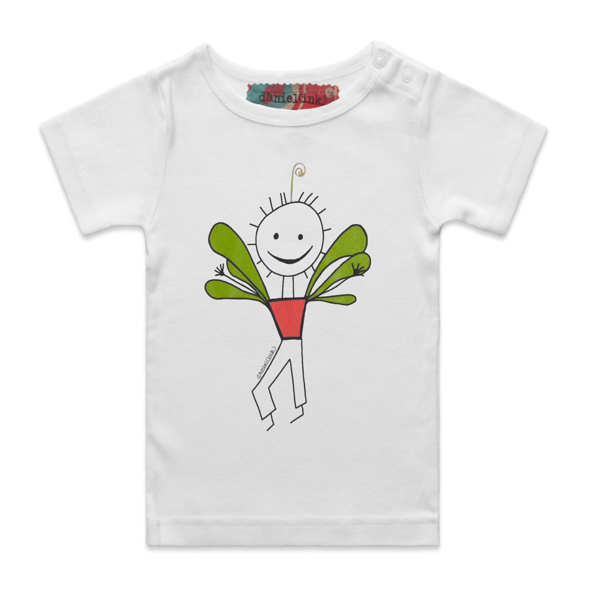 White, short sleeve babies' t-shirt featuring an image of a happy humanoid pot plant. The plant person is smiling and has a red plant pot-shaped torso with long legs and green leaves sprouting from the torso. This t-shirt has a red, white, and blue fabric label on the back of the neck and has two white press studs on the left shoulder.