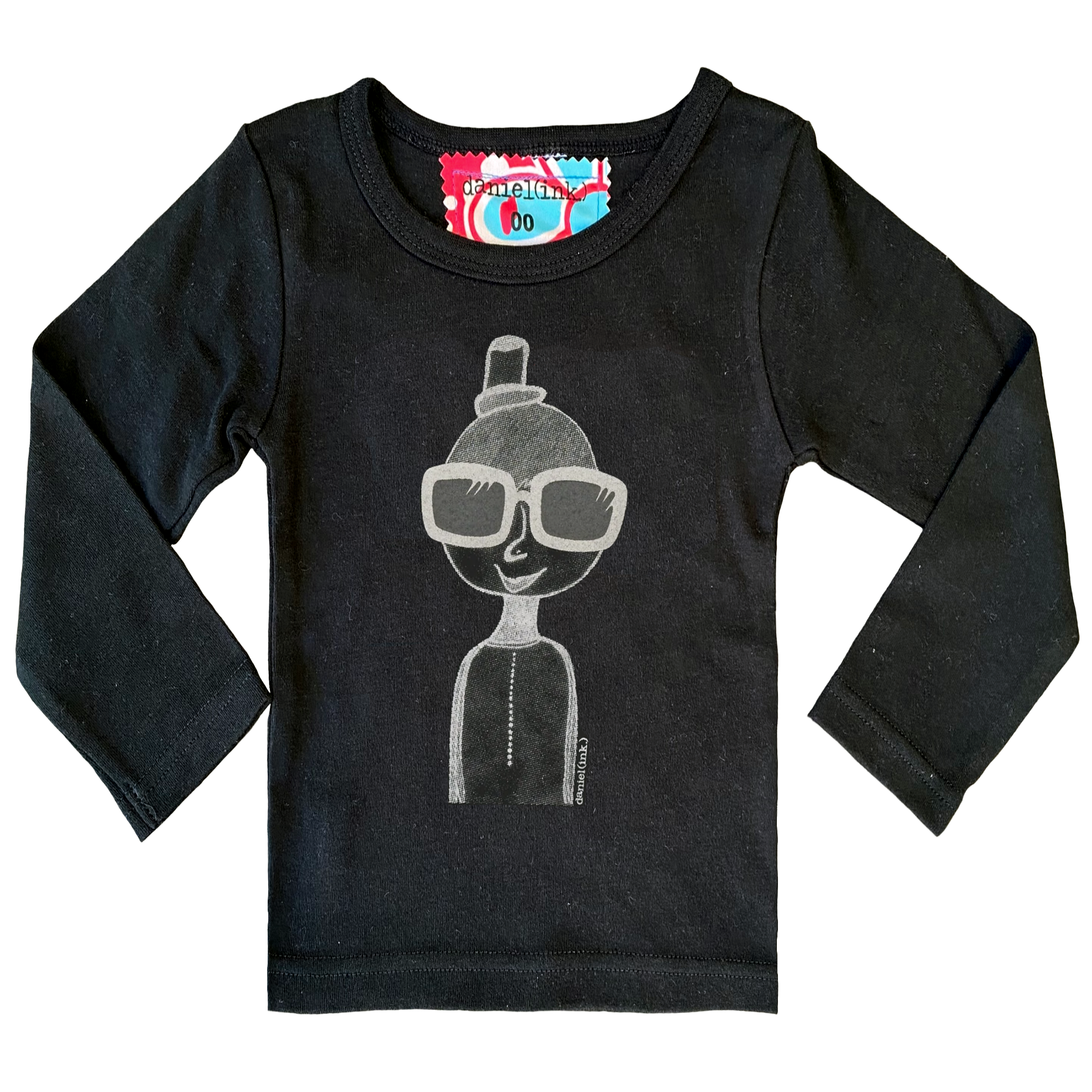 Black, long sleeve babies' shirt featuring a hand drawn sketch of a person in white and black. The person is wearing a small top hat and big sunglasses. This shirt has a red, white, and blue fabric label on the back of the neck.
