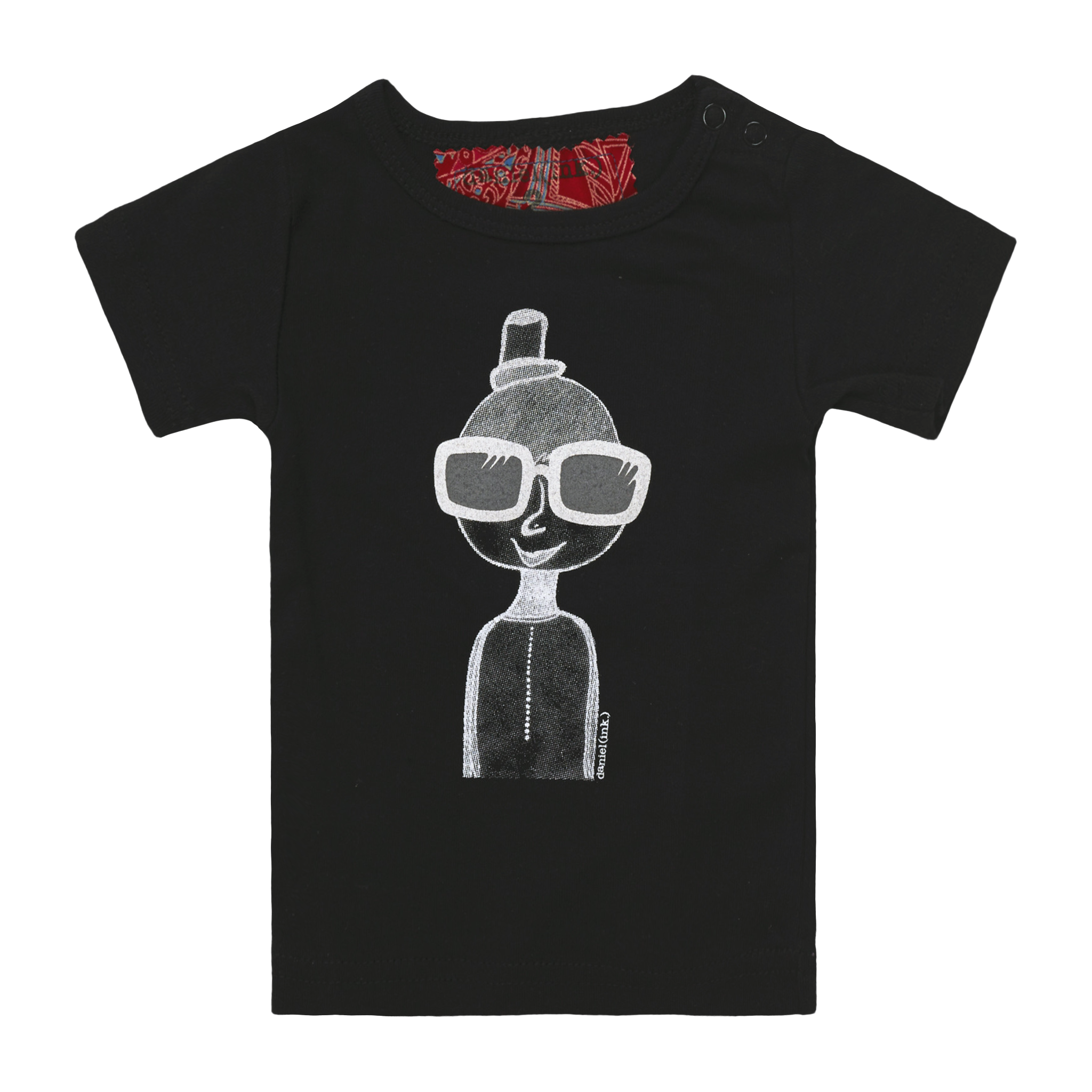 Black, short sleeve babies' t-shirt featuring a hand drawn sketch of a person in white and black. The person is wearing a small top hat and big sunglasses. This t-shirt has a red fabric label on the back of the neck and has two black press studs on the left shoulder.
