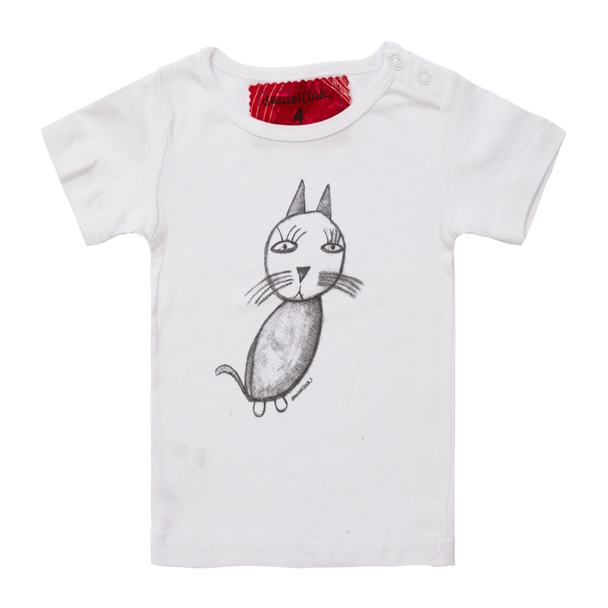 White short sleeve babies' t-shirt featuring a hand drawn sketch of a cat in black. The t-shirt has a red fabric label on the back of the neck and has two white press studs on the left shoulder.