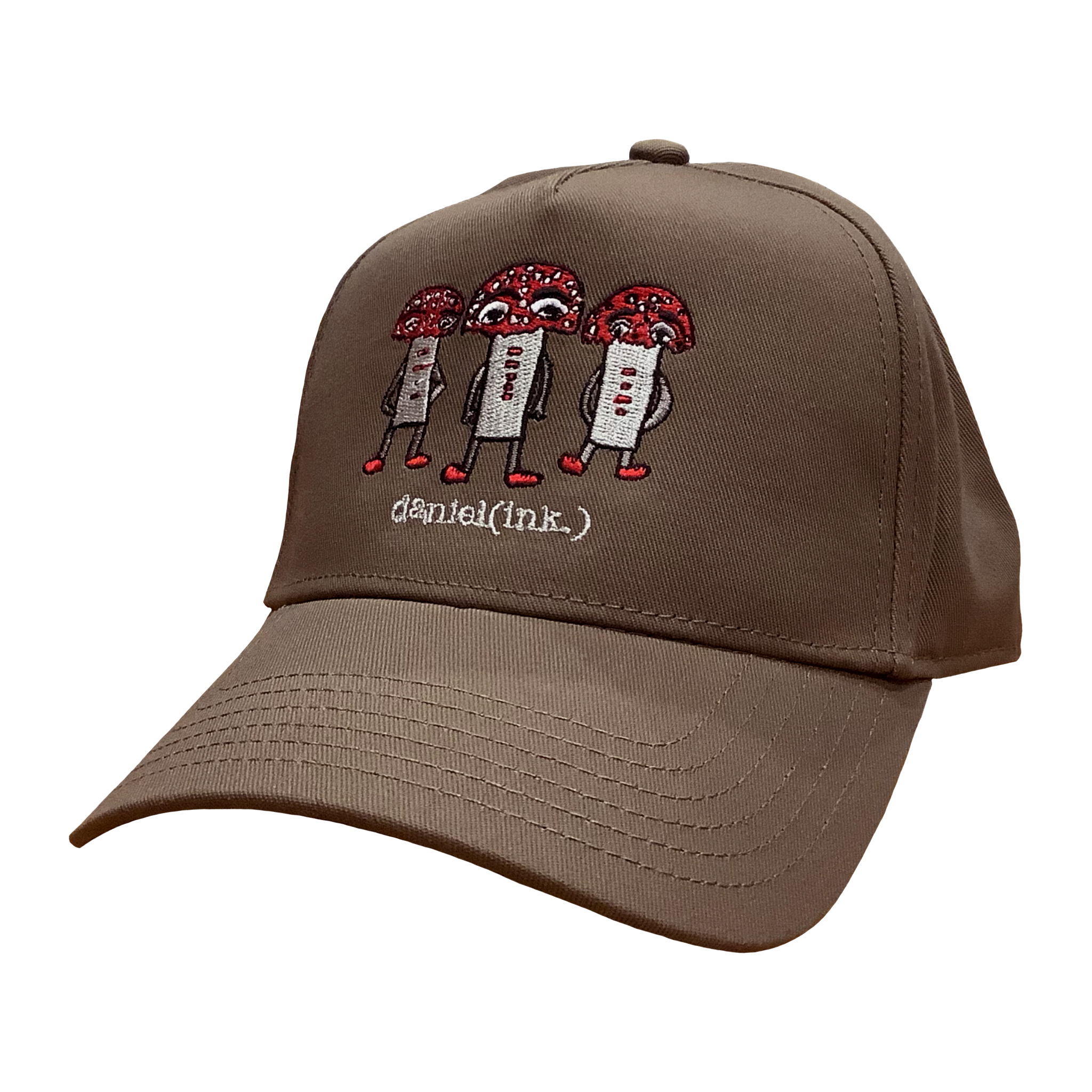 Walnut coloured snapback cap featuring an embroidered image of three large mushroom humanoid figures. The mushroom figures have red heads and red shoes and red buttons which spell "magic" in morse code. The name daniel(ink.) is embroidered in silver thread underneath the mushroom figures.