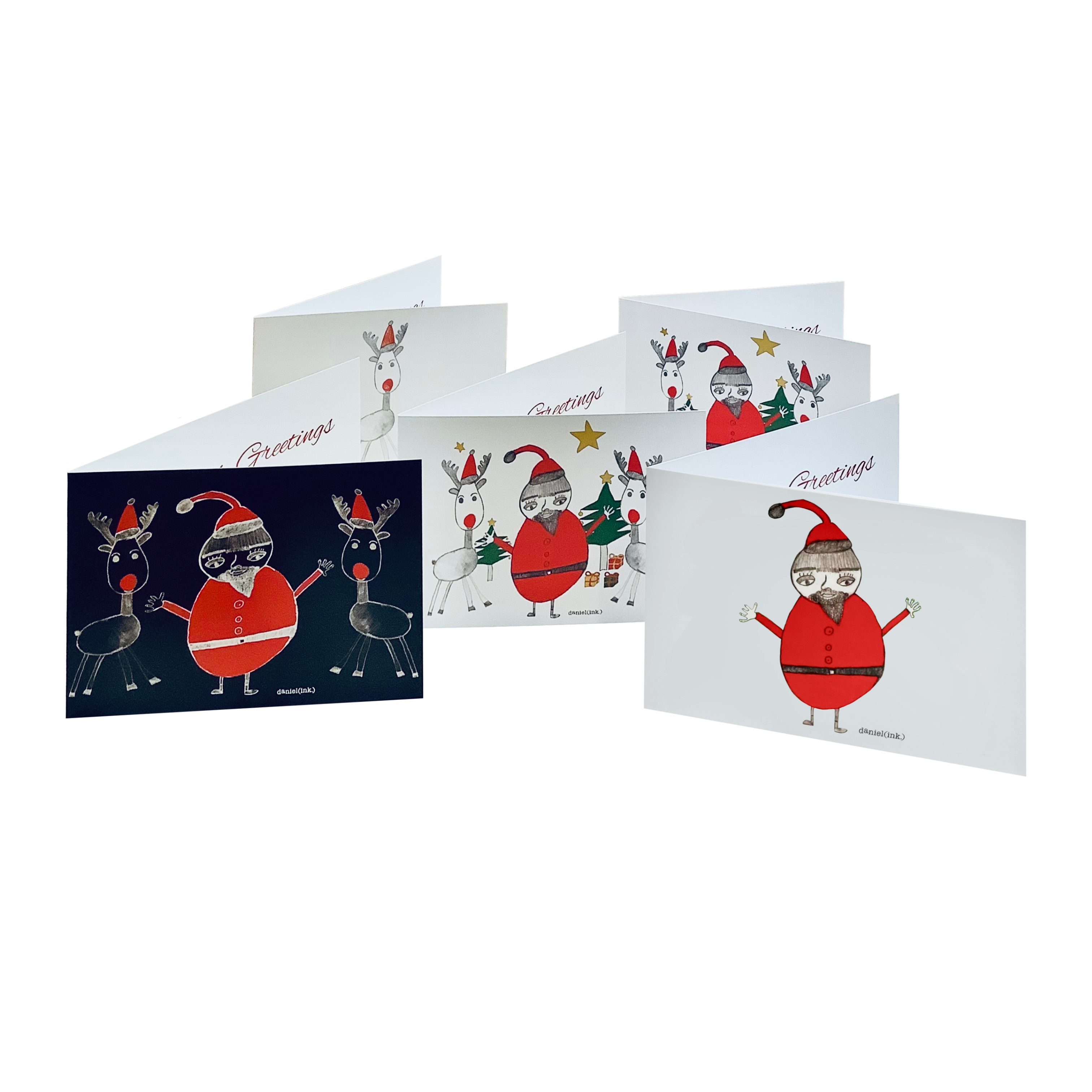 Five mixed Christmas cards featuring design #18. Design #18 features Santa Claus standing with two reindeer. Santa Claus is wearing his signature red outfit and the two reindeer either side of him are in red pointy Santa hats.