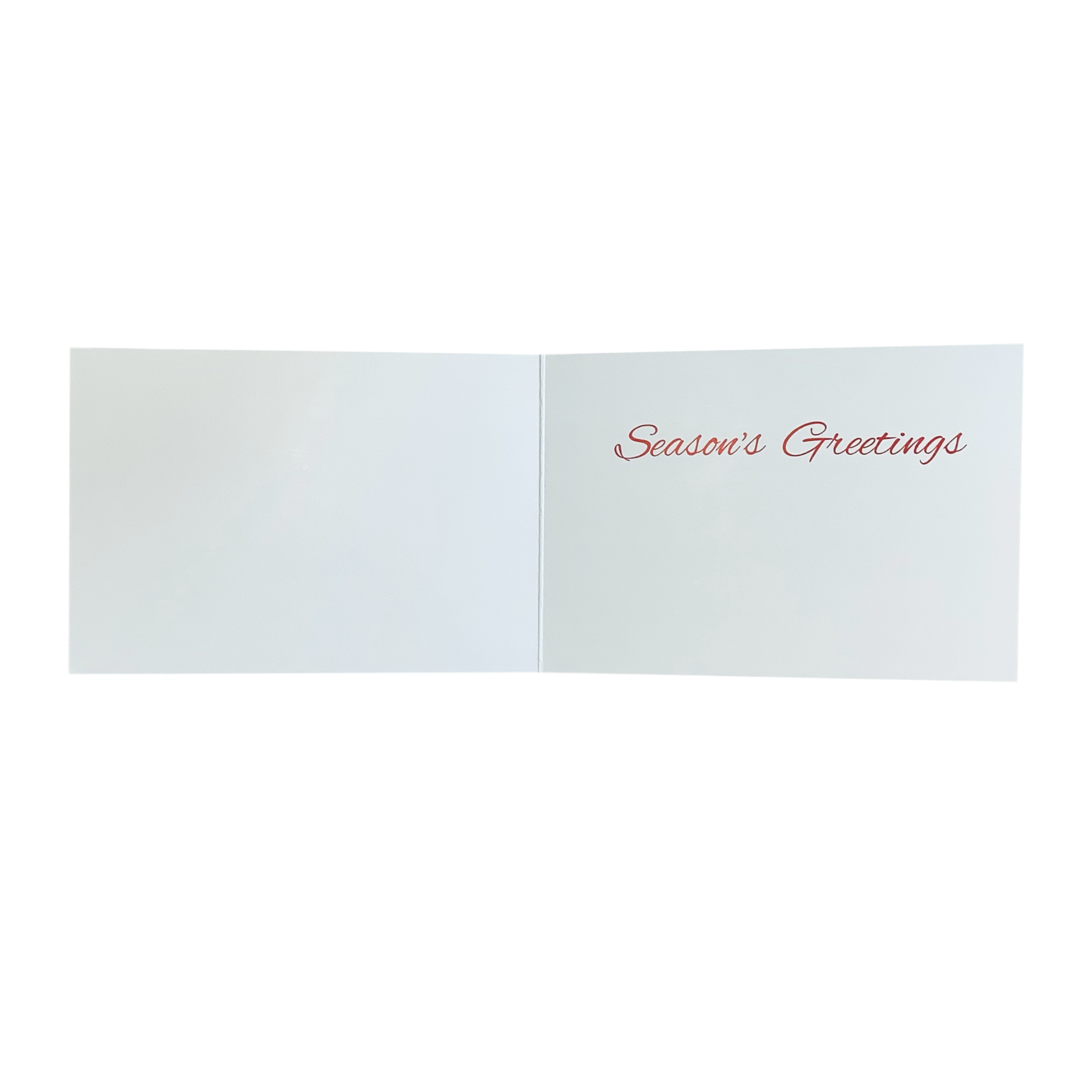 Inside of design #18 Christmas card with a white background and "Season's Greetings" written in red.