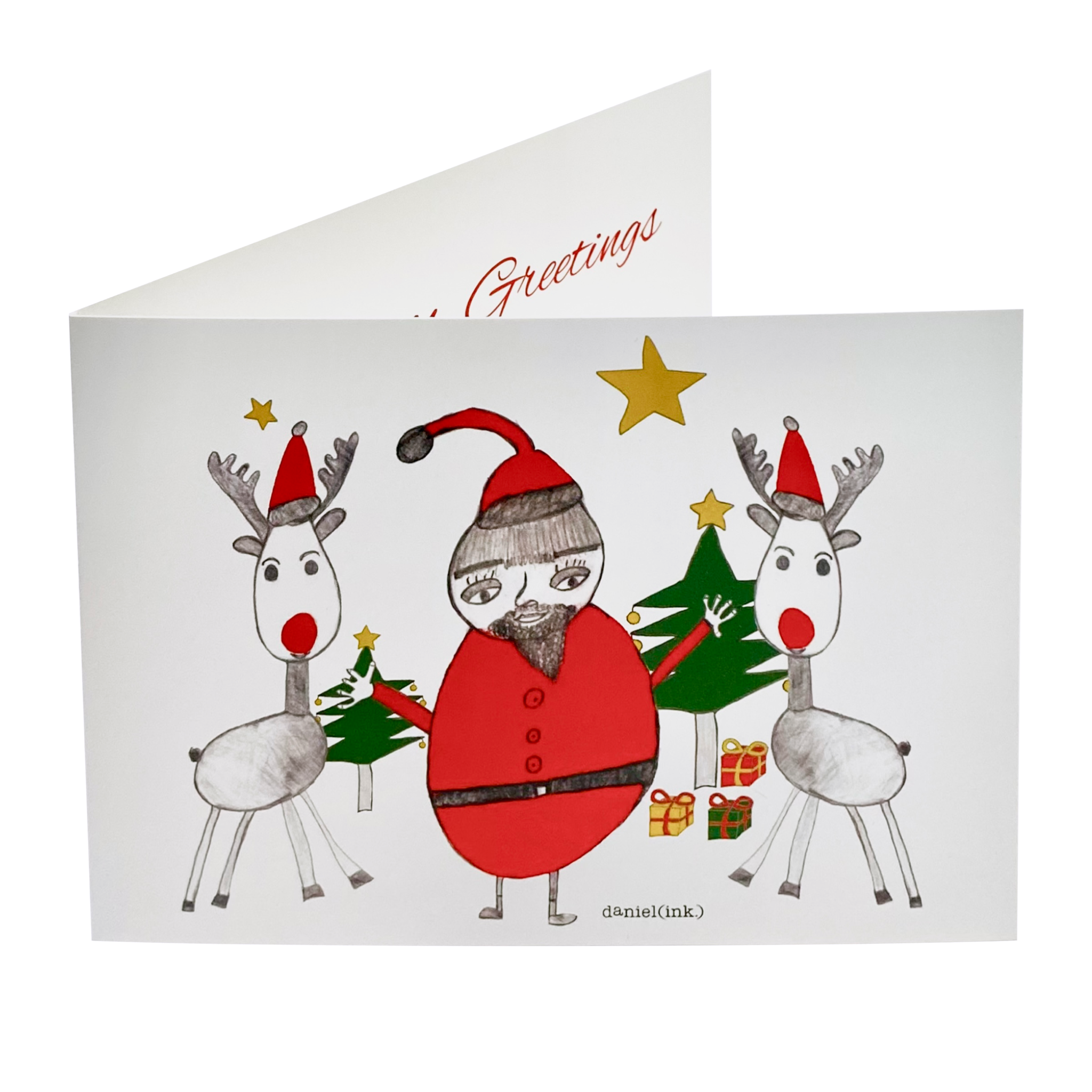 A white Christmas card featuring design #18. Design #18 features Santa Claus standing with two reindeer in front of two Christmas trees with presents around the trees and stars in the sky. Santa Claus is wearing his signature red outfit and the two reindeer either side of him are in red pointy Santa hats.