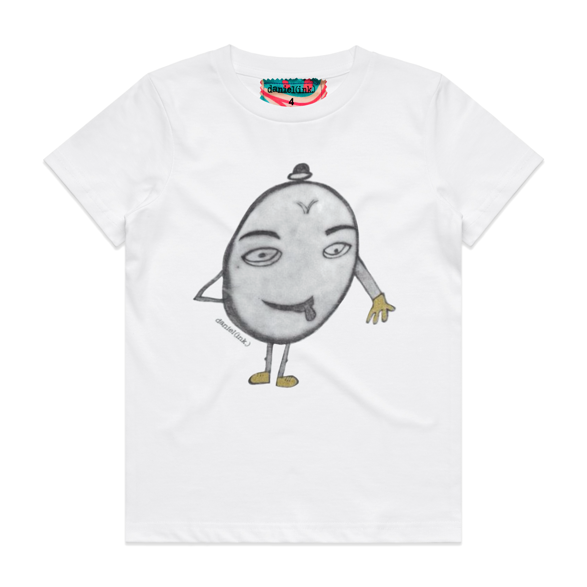 White kids' t-shirt featuring a hand drawn sketch of a humanoid egg man. The egg man is wearing a black bowler hat, gold gloves, and gold shoes, and is sticking his tongue out. The t-shirt has a red, white, and blue fabric label on the back of the neck.