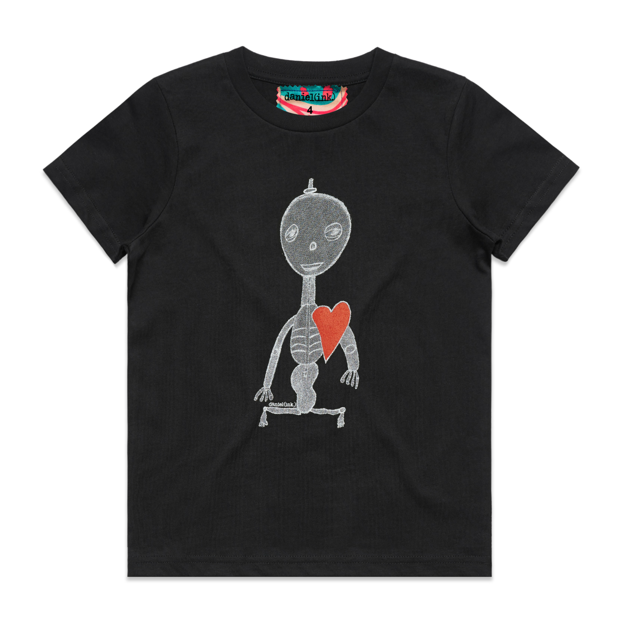 Black kids' t-shirt featuring a hand drawn sketch of a skeleton with a red heart. The t-shirt has a red, white, and blue fabric label on the back of the neck.