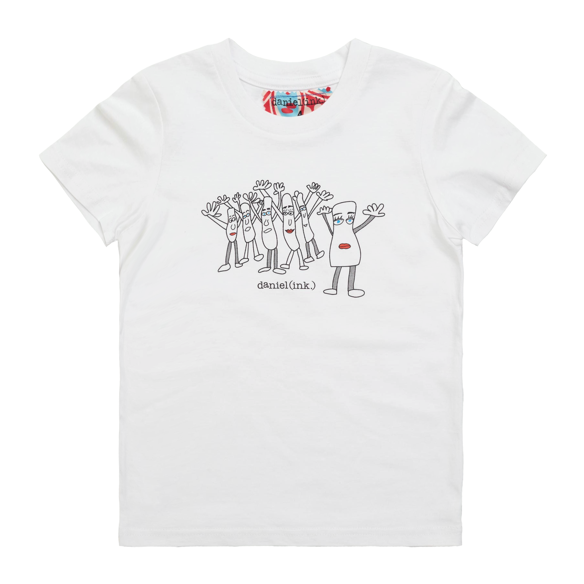White kids' t-shirt featuring an image of six humanoid sausage people standing next to each other. The sausage people have their arms in the air, waving happily. This t-shirt has a red, white, and blue fabric label on the back of the neck.