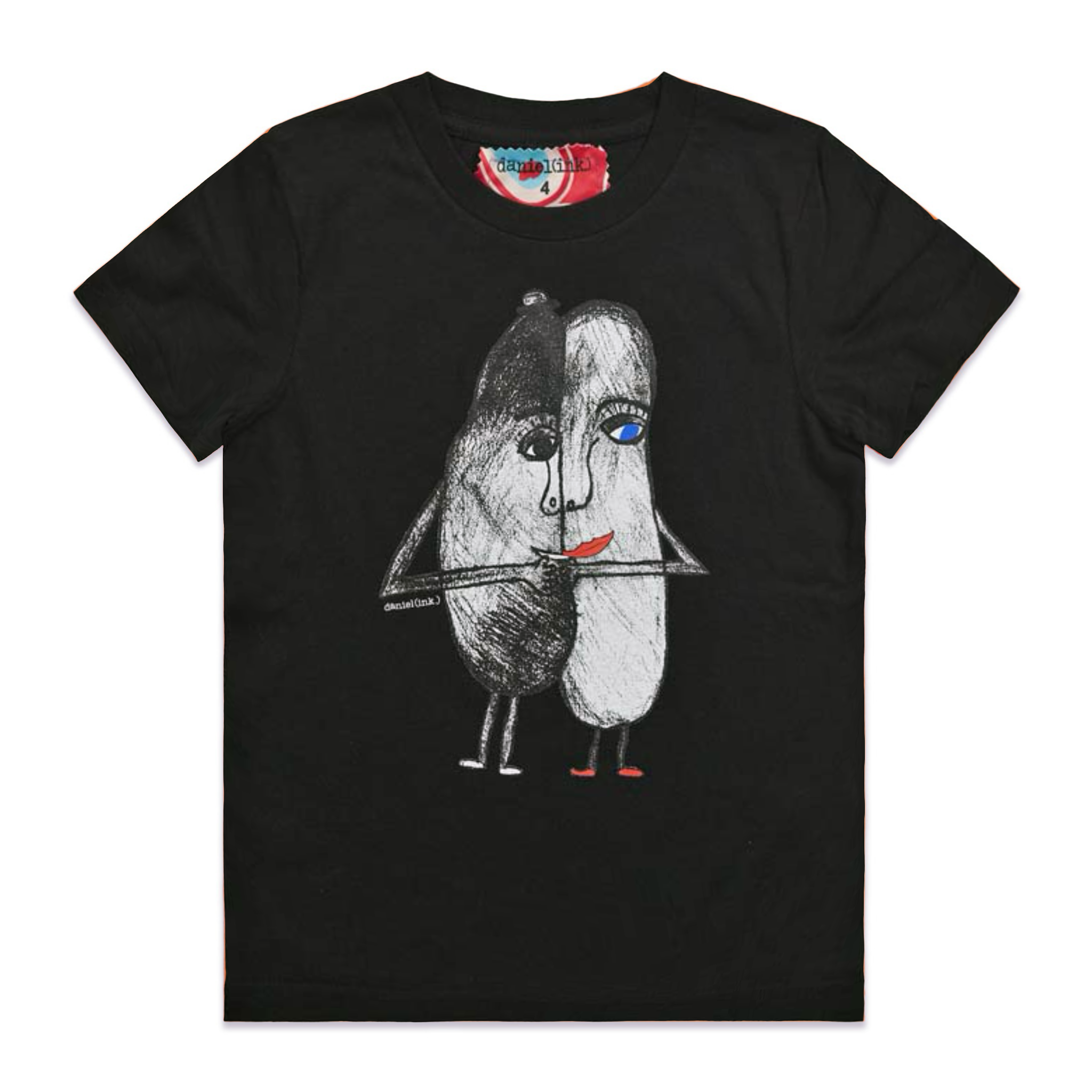 Black kids' t-shirt featuring a hand drawn sketch of two oval-shaped humanoid figures merged side by side and holding hands. The humanoid figure on the left is wearing a bowler hat and the humanoid figure on the right has red lips. This t-shirt has a red, white, and blue fabric label on the back of the neck.