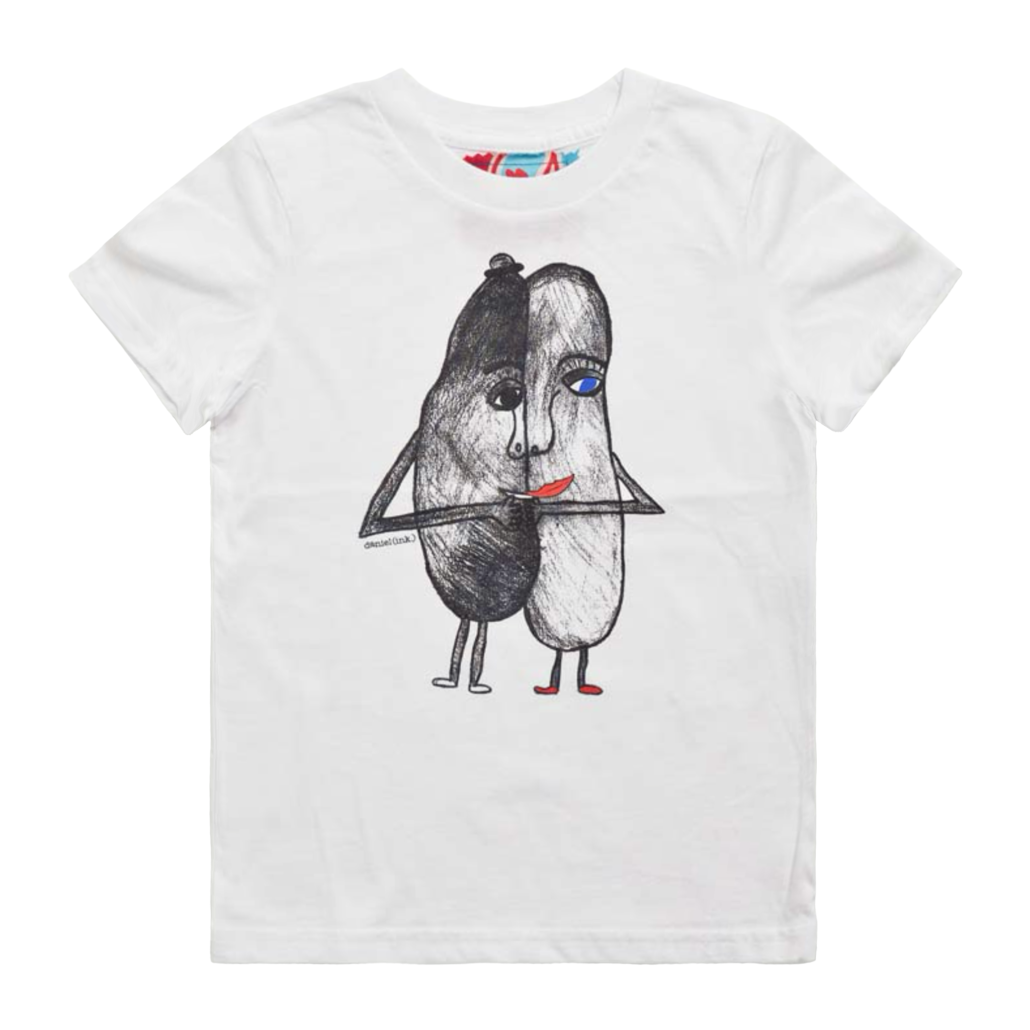 White kids' t-shirt featuring a hand drawn sketch of two oval-shaped humanoid figures merged side by side and holding hands. The humanoid figure on the left is wearing a bowler hat and the humanoid figure on the right has red lips. This t-shirt has a red, white, and blue fabric label on the back of the neck.