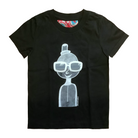 Black kids' t-shirt featuring a hand drawn sketch of a person in white. The person is wearing a small top hat and big sunglasses. This t-shirt has a red, white, and blue fabric label on the back of the neck.