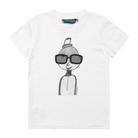 White kids' t-shirt featuring a hand drawn sketch of a person in black. The person is wearing a small top hat and big sunglasses. This t-shirt has a red, white, and blue fabric label on the back of the neck.