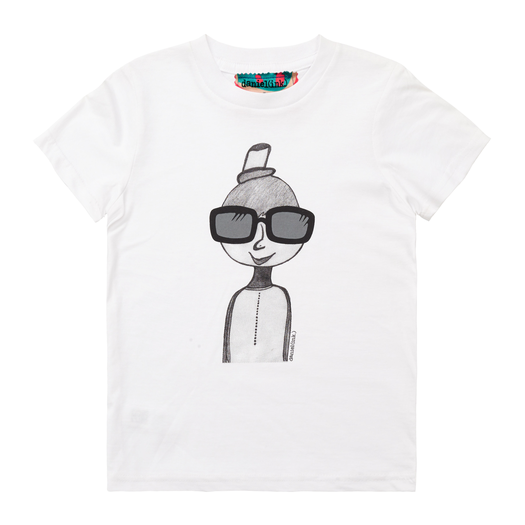 White kids' t-shirt featuring a hand drawn sketch of a person in black. The person is wearing a small top hat and big sunglasses. This t-shirt has a red, white, and blue fabric label on the back of the neck.