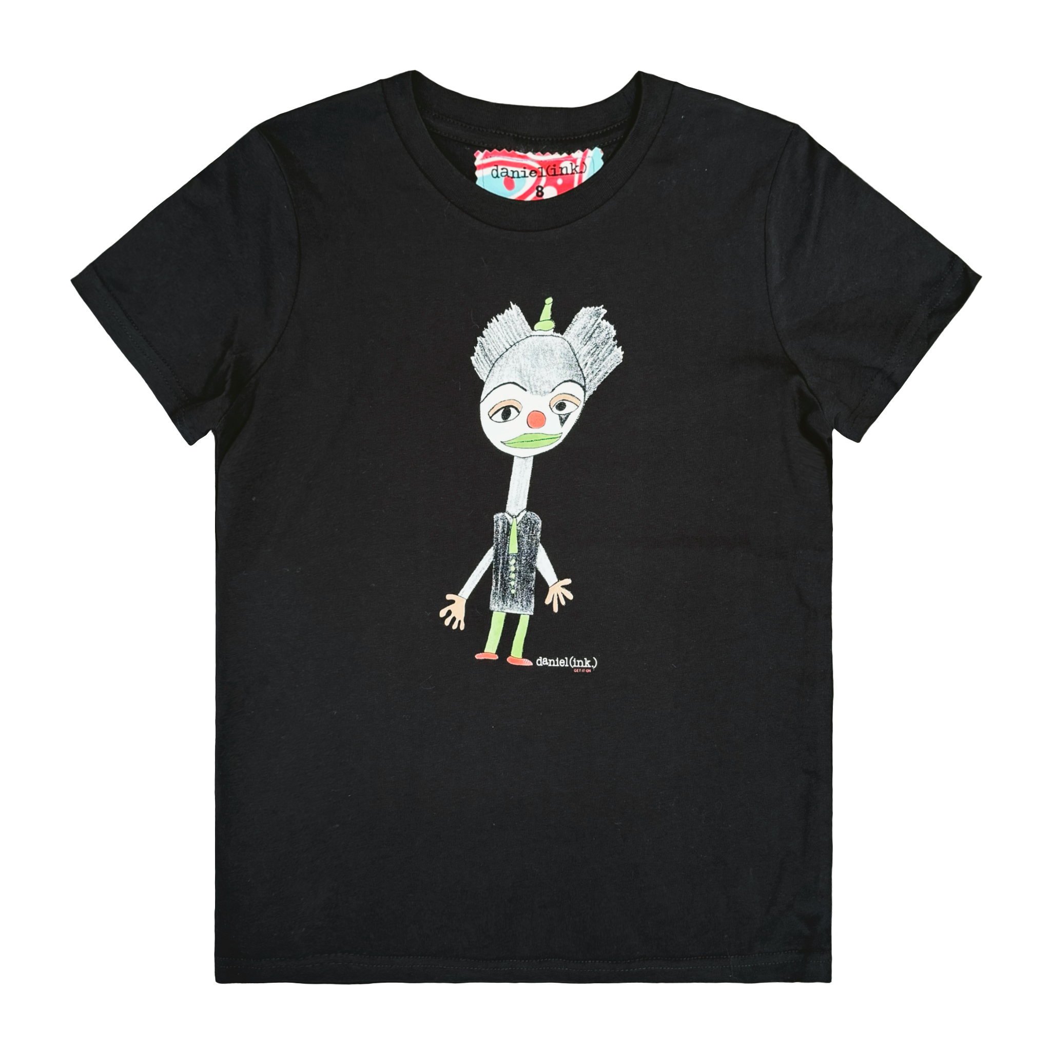 Black kids' t-shirt featuring a hand drawn image of a colourful clown. The clown has a red nose and shoes; a green hat, lips, tie, buttons, and legs; and gold eye shadow and gloves. This t-shirt has a red, white, and blue fabric label on the back of the neck.