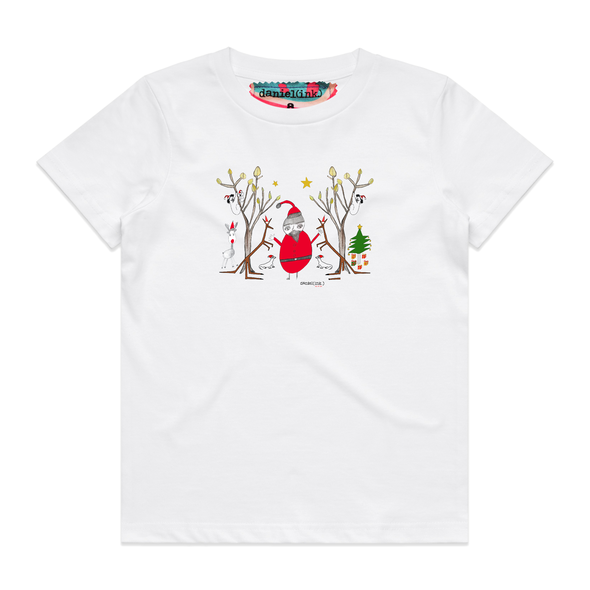 White kids' t-shirt featuring a hand drawn image of Santa Claus standing in between two kangaroos and in front of two large gum trees. The kangaroos are accompanied by two small lizards, one of Santa's reindeer, and a Christmas tree surrounded by presents. The gum trees both have koalas in them. This t-shirt has a red, white, and blue fabric label on the back of the neck.