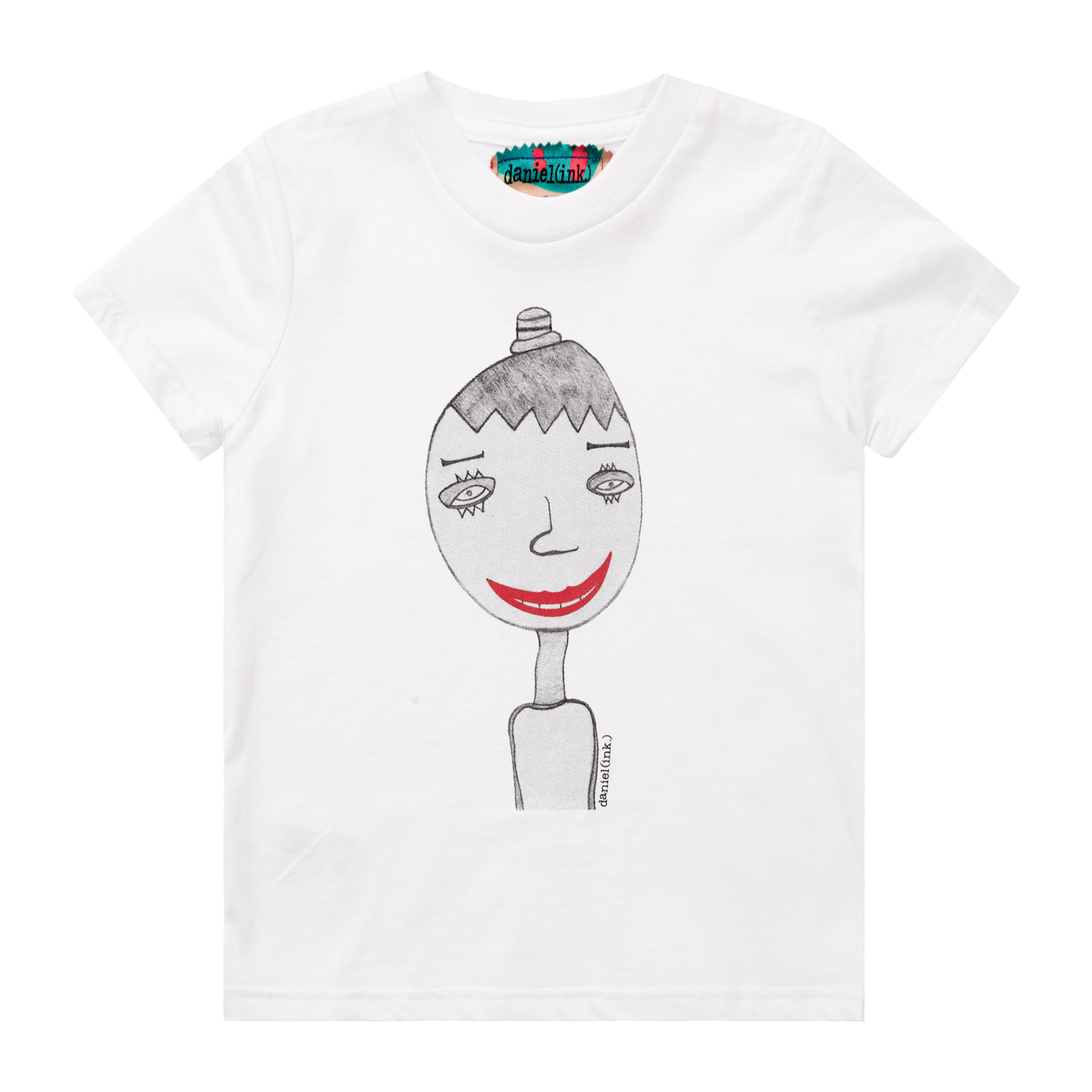 White kids' t-shirt featuring a hand drawn sketch of a person in black. The person is wearing a small top hat and has big red lips in a big smile. This t-shirt has a red, white, and blue fabric label on the back of the neck.
