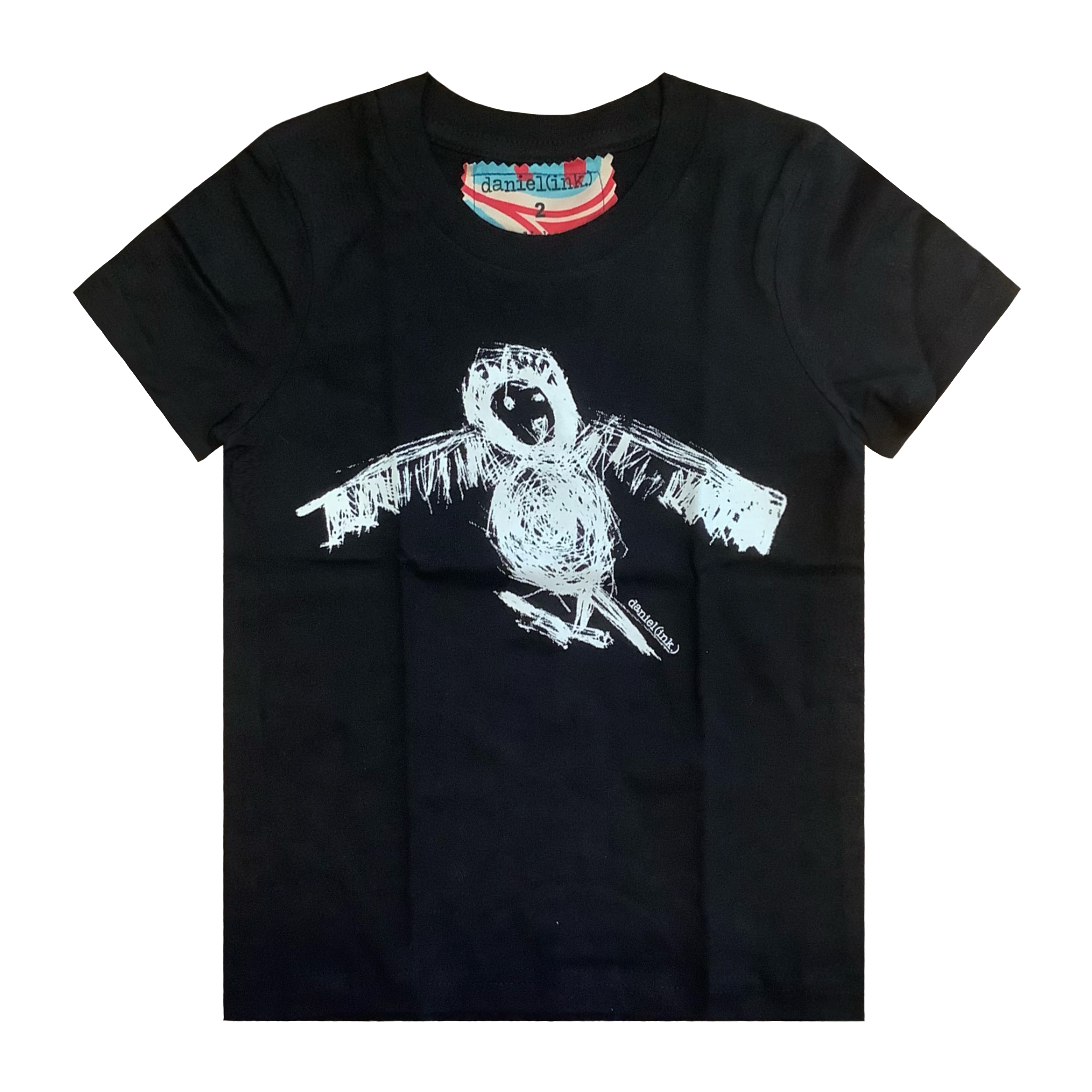 Black kids' t-shirt featuring a hand drawn sketch of an owl in white. This t-shirt has a red, white, and blue fabric label on the back of the neck.