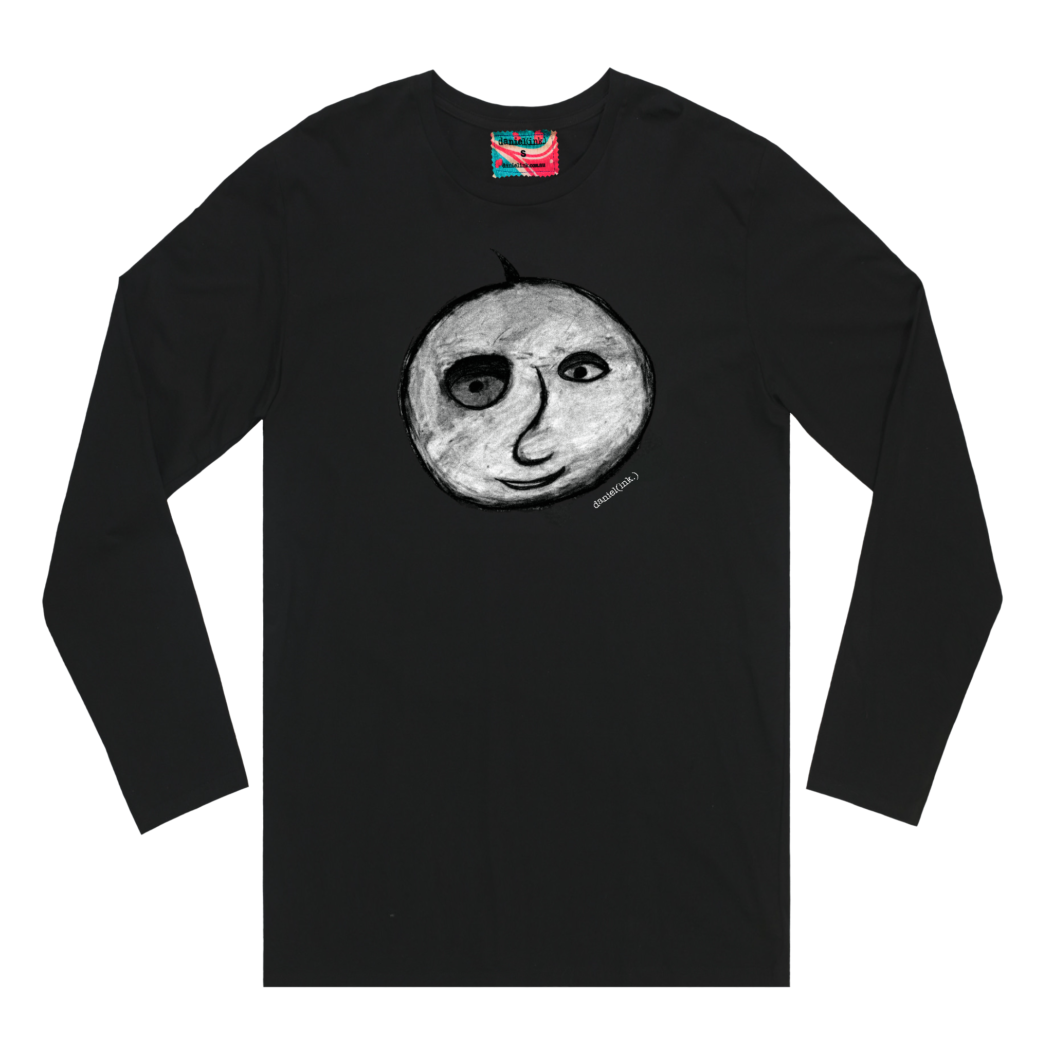 Black long sleeve men's shirt featuring a hand drawn charcoal sketch of an apple with a face in black and white. The shirt has a red, white, and blue fabric label on the back of the neck.