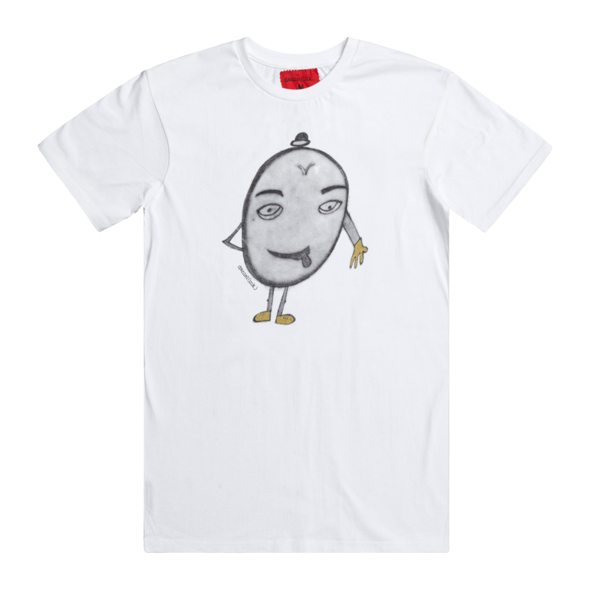 White short sleeve men's t-shirt featuring a hand-drawn picture of a humanoid egg man. The egg man is wearing a black bowler hat, gold gloves, and gold shoes, and is sticking his tongue out. There is a red fabric label on the back of the neck.
