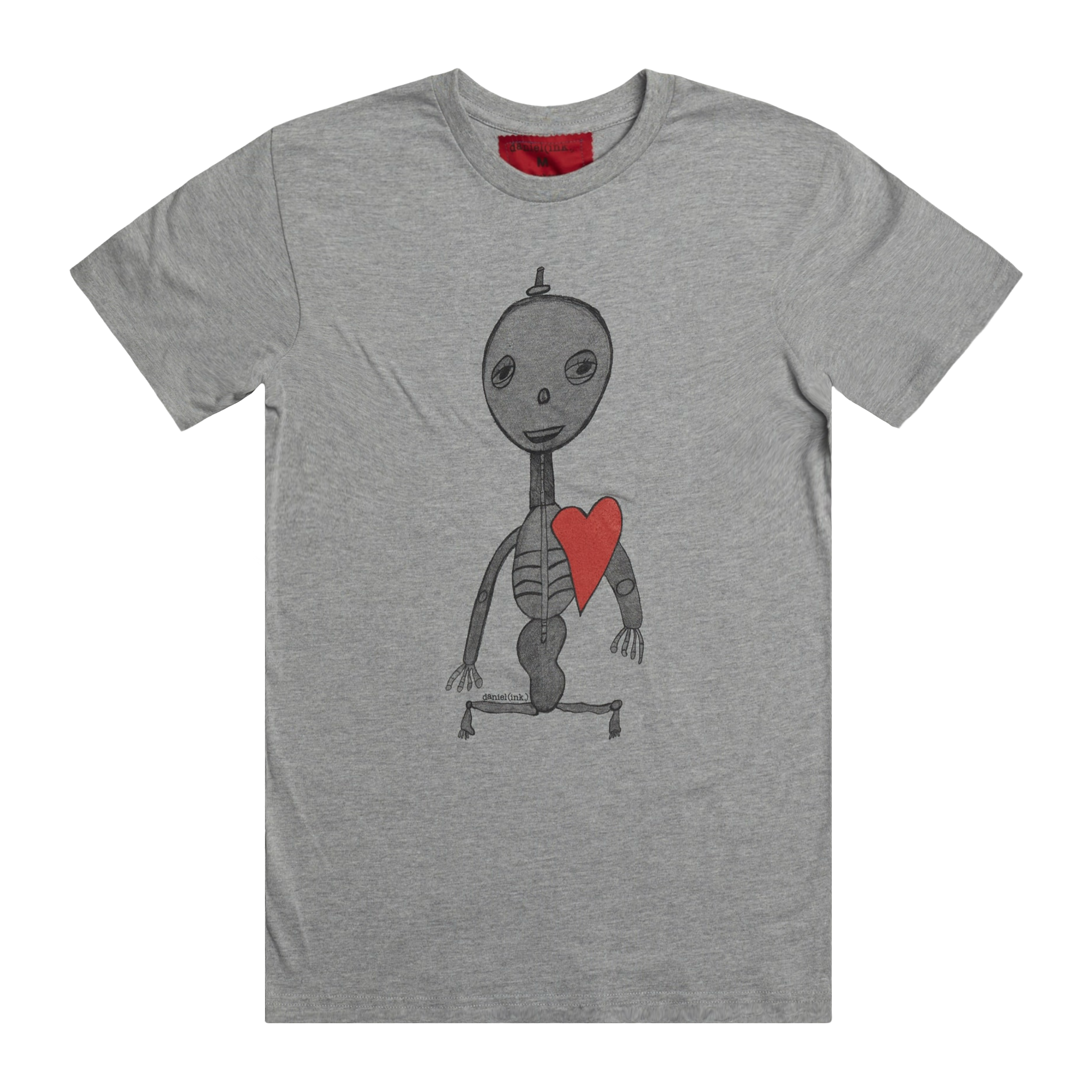 Grey short sleeve men’s t-shirt featuring a hand drawn sketch of a skeleton with a red heart. The t-shirt has a red fabric label on the back of the neck.