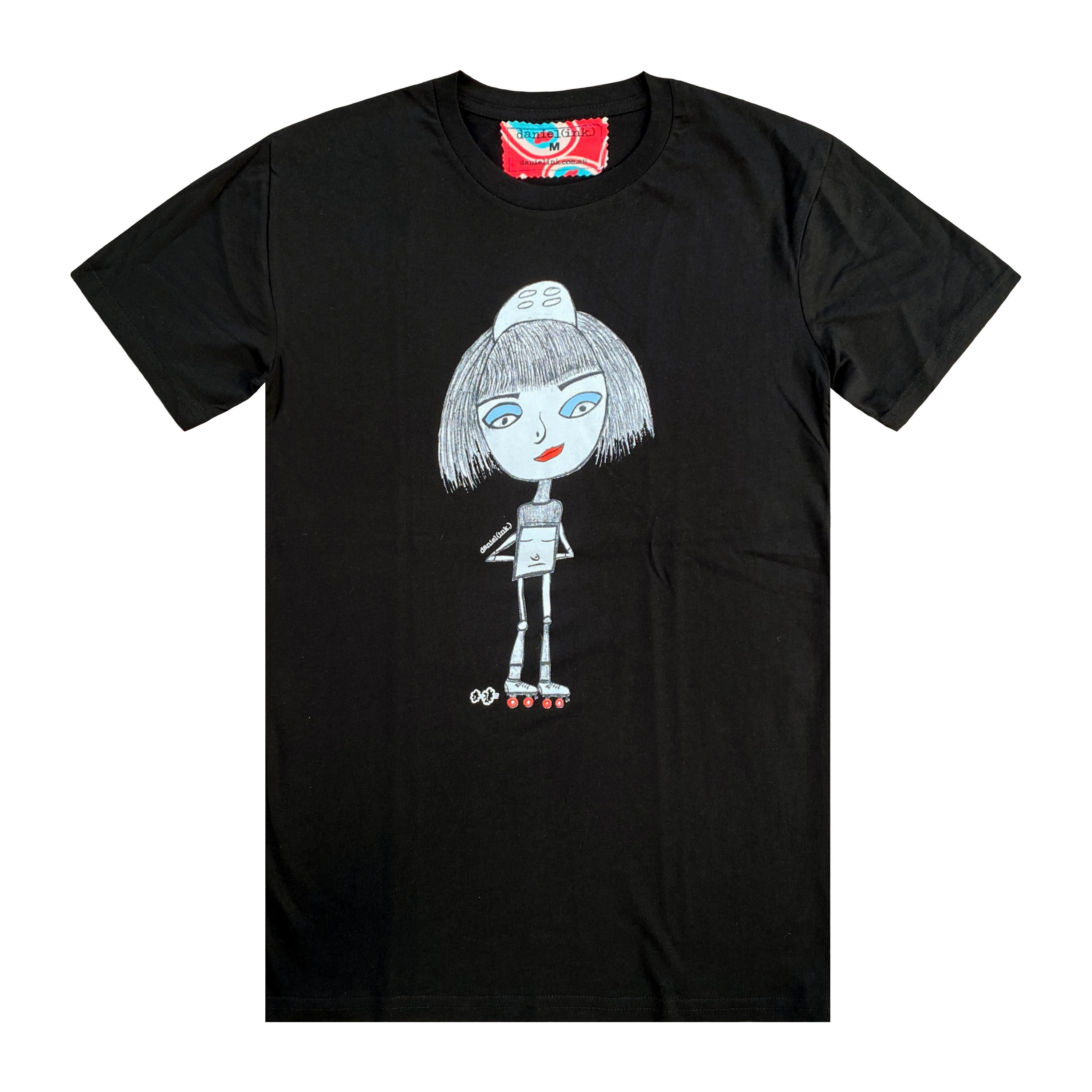 Men's black t-shirt featuring a hand drawn sketch of a woman rollerskating. The woman is wearing a helmet and has blue eye shadow, red lips, and red wheels on her skates. This t-shirt has a red, white, and blue fabric label on the back of the neck.