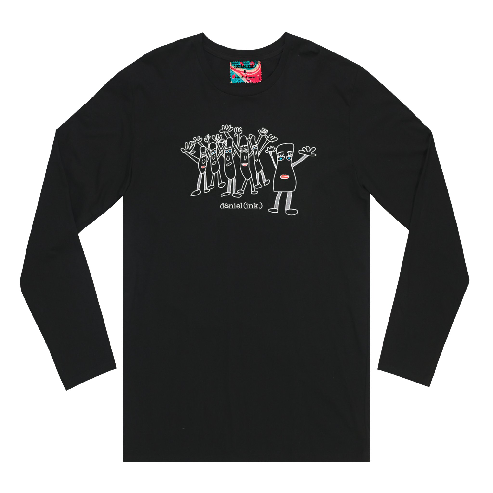 Black men's long sleeve shirt featuring an image of six humanoid sausage people standing next to each other. The sausage people have their arms in the air, waving happily. This shirt has a red, white, and blue fabric label on the back of the neck.