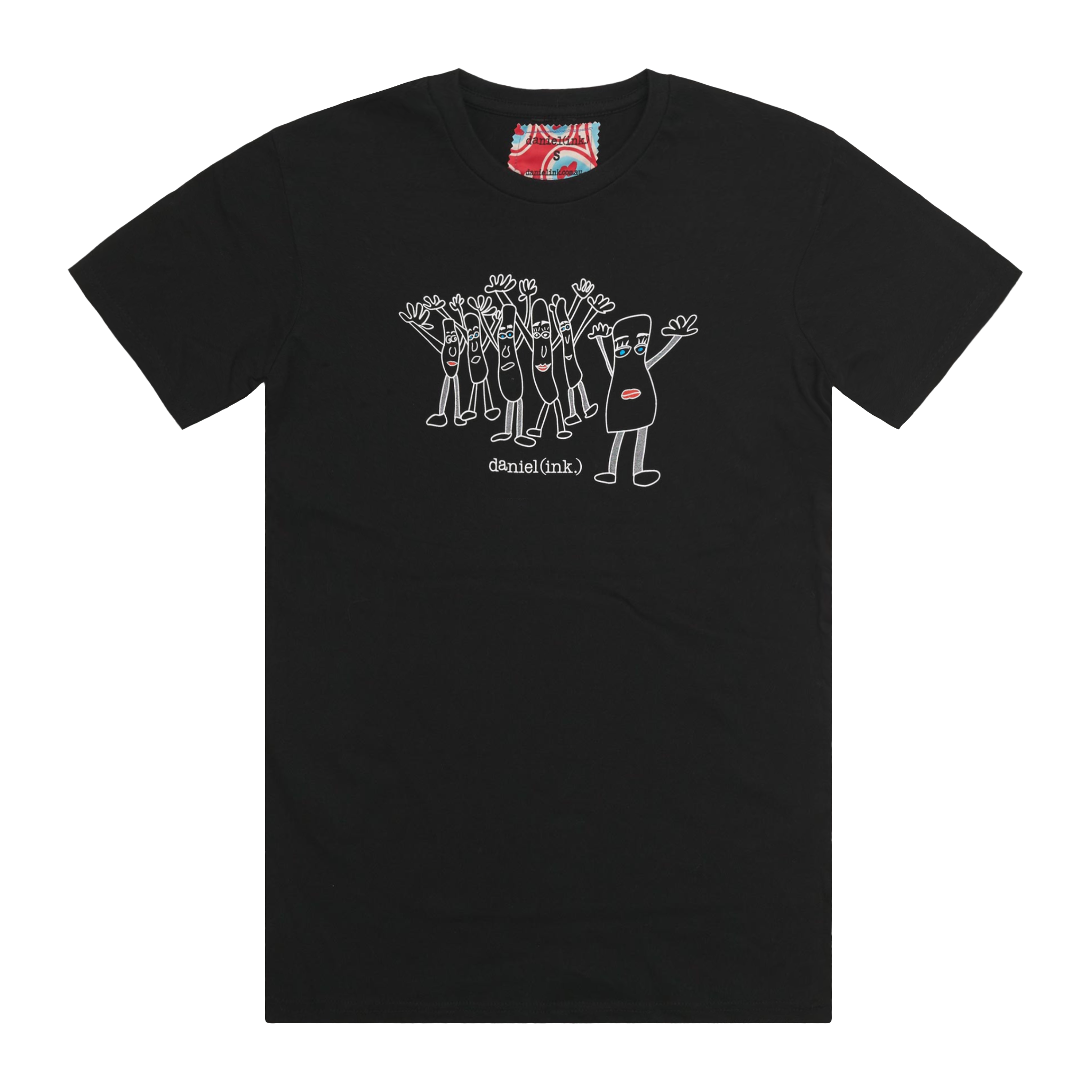 Black men's t-shirt featuring an image of six humanoid sausage people standing next to each other. The sausage people have their arms in the air, waving happily. This t-shirt has a red, white, and blue fabric label on the back of the neck.