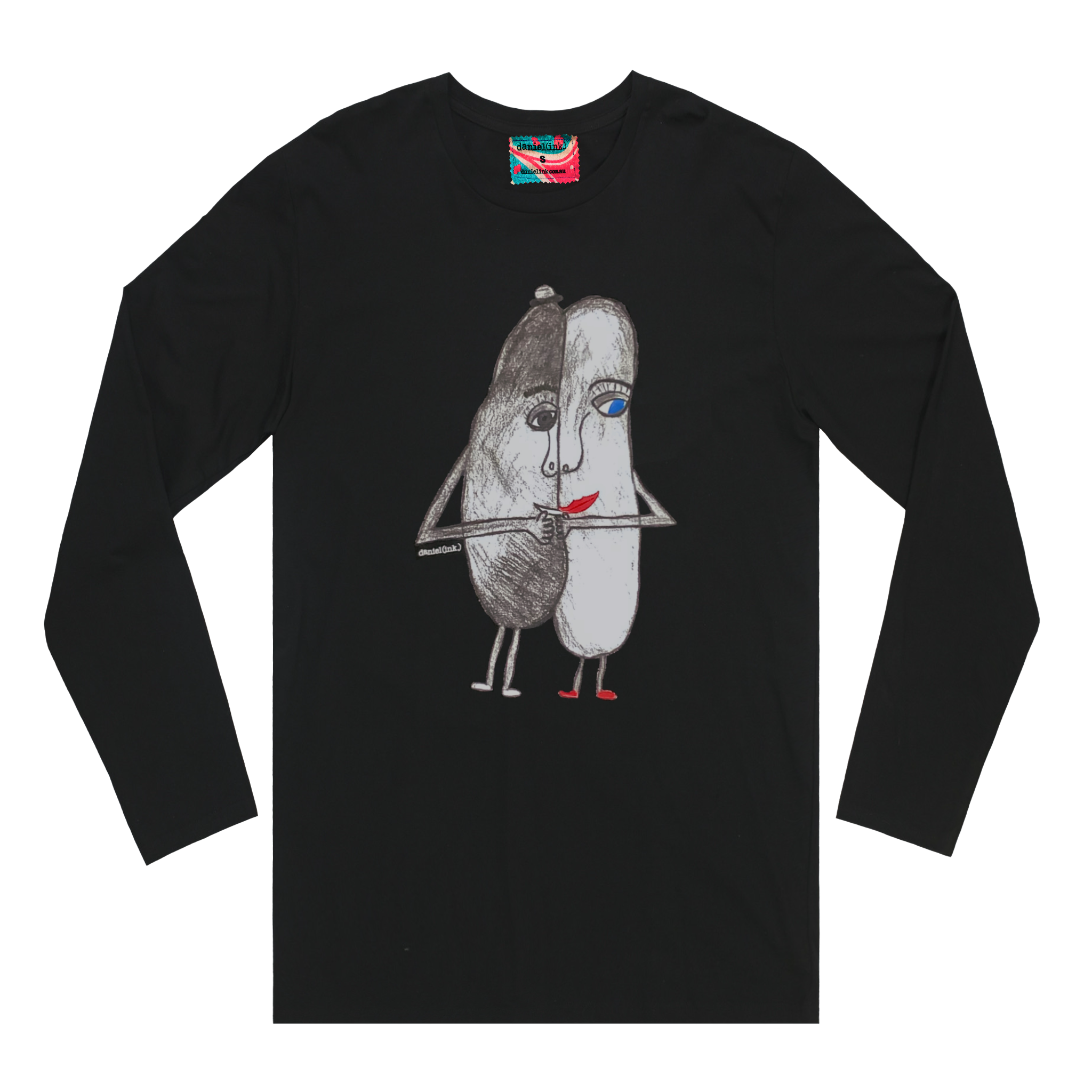 Black men's long sleeve shirt featuring a hand drawn sketch of two oval-shaped humanoid figures merged side by side and holding hands. The humanoid figure on the left is wearing a bowler hat and the humanoid figure on the right has red lips. This shirt has a red, white, and blue fabric label on the back of the neck.