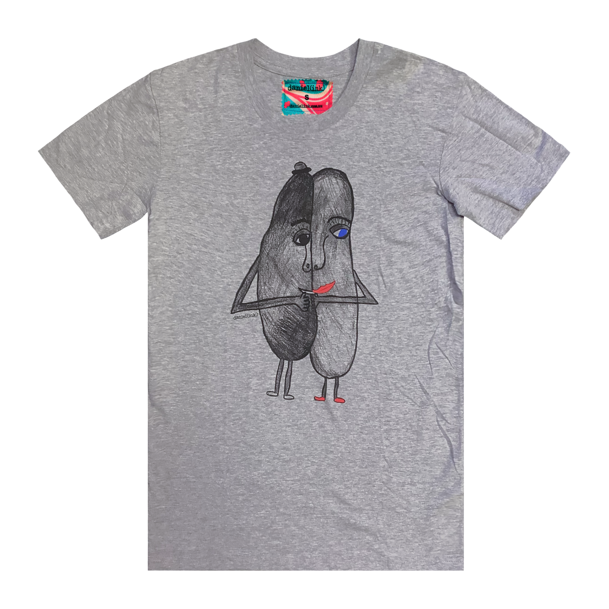 Grey men's t-shirt featuring a hand drawn sketch of two oval-shaped humanoid figures merged side by side and holding hands. The humanoid figure on the left is wearing a bowler hat and the humanoid figure on the right has red lips. This t-shirt has a red, white, and blue fabric label on the back of the neck.