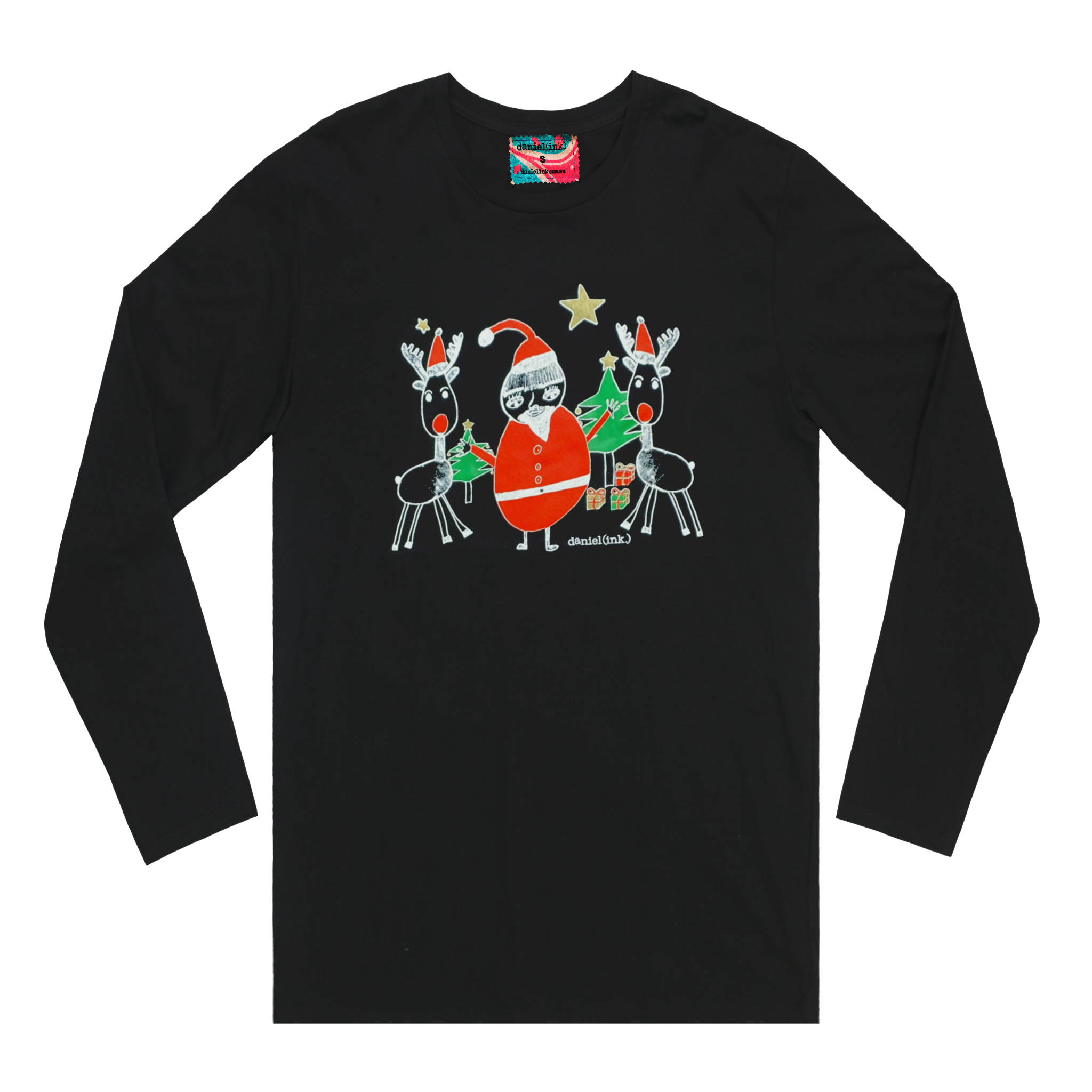 Men's black long sleeve shirt featuring a hand drawn sketch of Santa Claus standing with two reindeer in front of a Christmas tree. Santa Claus is wearing his signature red outfit and the two reindeer either side of him are in red pointy Santa hats. This shirt has a red, white, and blue fabric label on the back of the neck.
