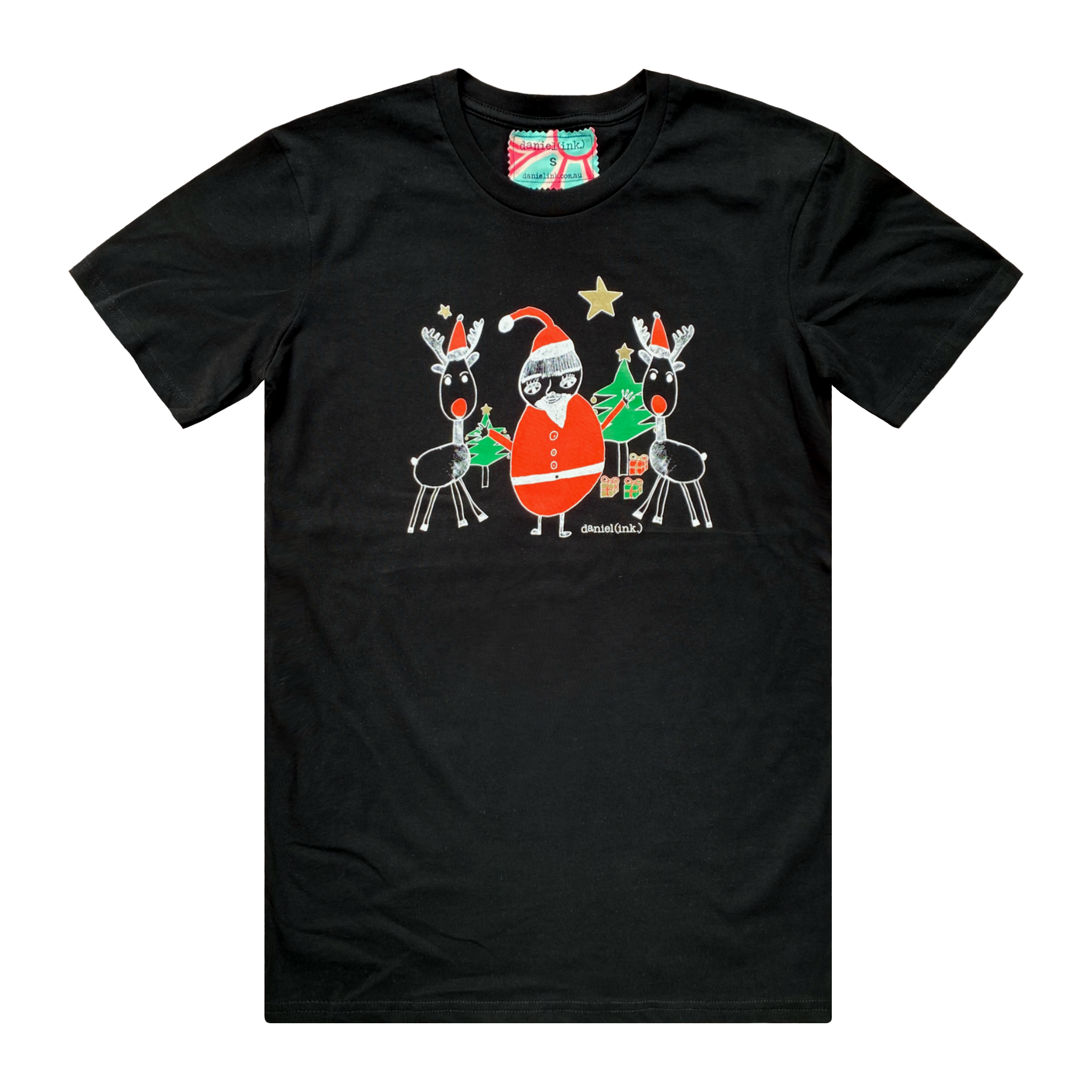 Men's black t-shirt featuring a hand drawn sketch of Santa Claus standing with two reindeer in front of a Christmas tree. Santa Claus is wearing his signature red outfit and the two reindeer either side of him are in red pointy Santa hats. This t-shirt has a red, white, and blue fabric label on the back of the neck.