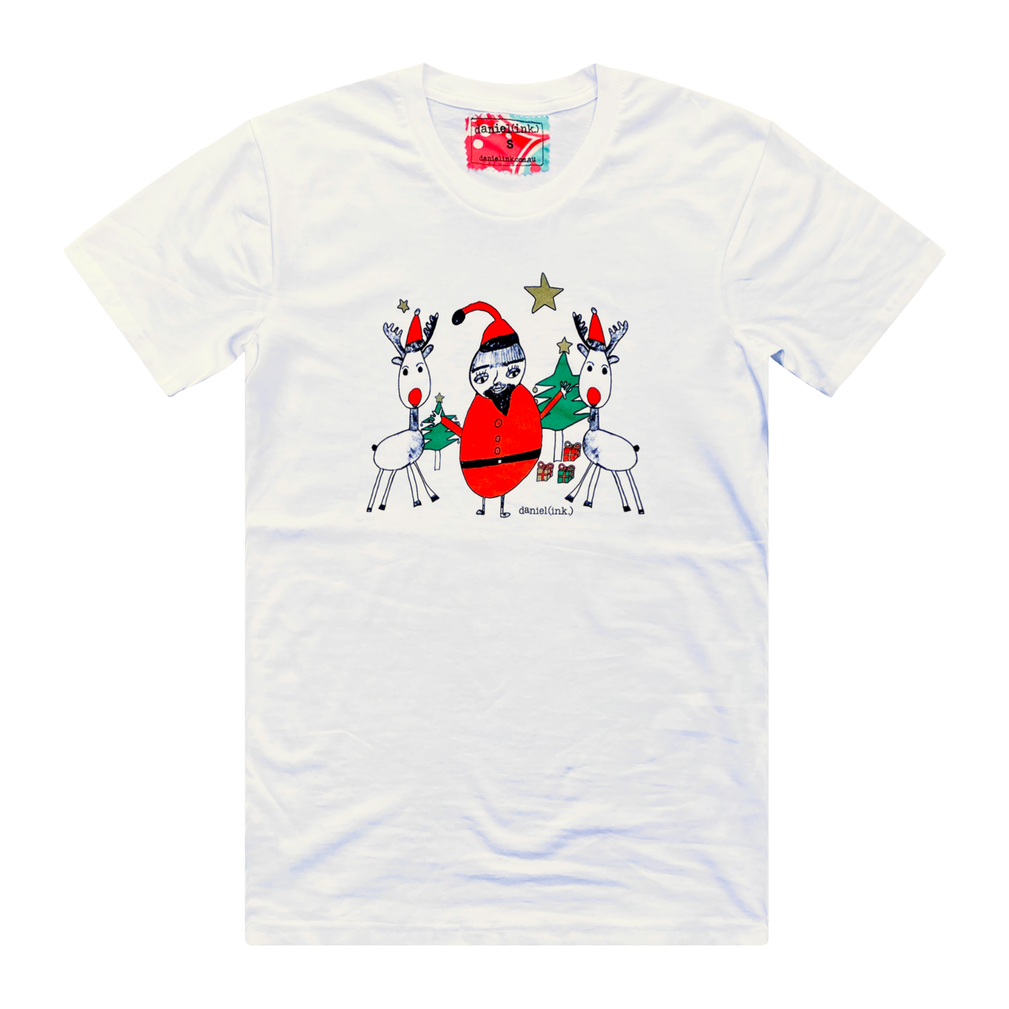 Men's white t-shirt featuring a hand drawn sketch of Santa Claus standing with two reindeer in front of a Christmas tree. Santa Claus is wearing his signature red outfit and the two reindeer either side of him are in red pointy Santa hats. This t-shirt has a red, white, and blue fabric label on the back of the neck.