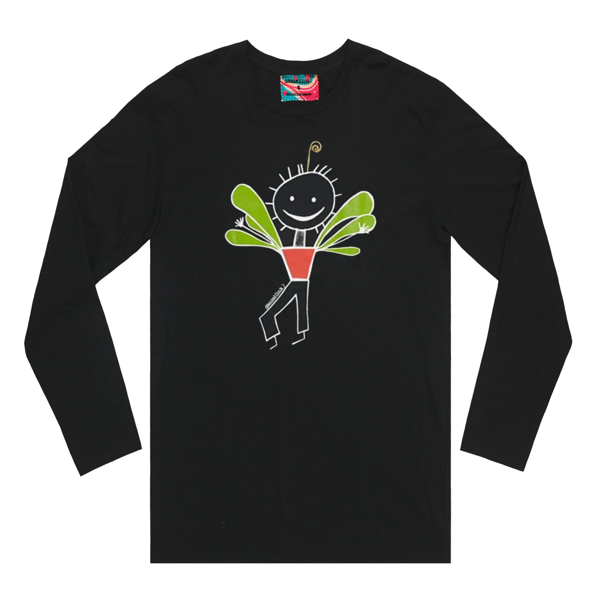 Men's black long sleeve shirt featuring an image of a happy humanoid pot plant. The plant person is smiling and has a red plant pot-shaped torso with long legs and green leaves sprouting from the torso. This shirt has a red, white, and blue fabric label on the back of the neck.