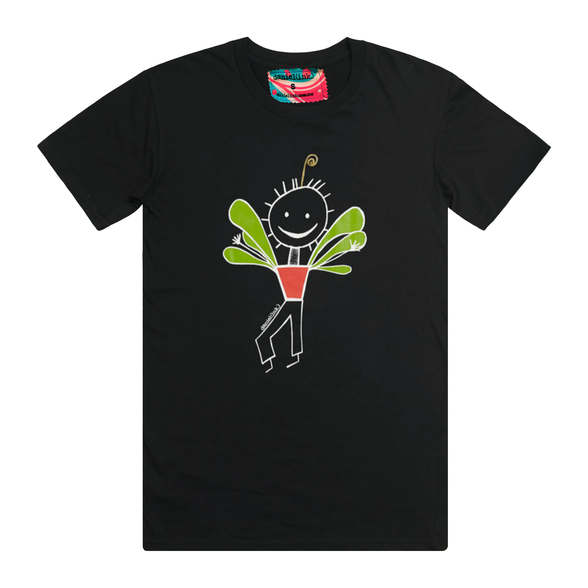 Men's black t-shirt featuring an image of a happy humanoid pot plant. The plant person is smiling and has a red plant pot-shaped torso with long legs and green leaves sprouting from the torso. This t-shirt has a red, white, and blue fabric label on the back of the neck.