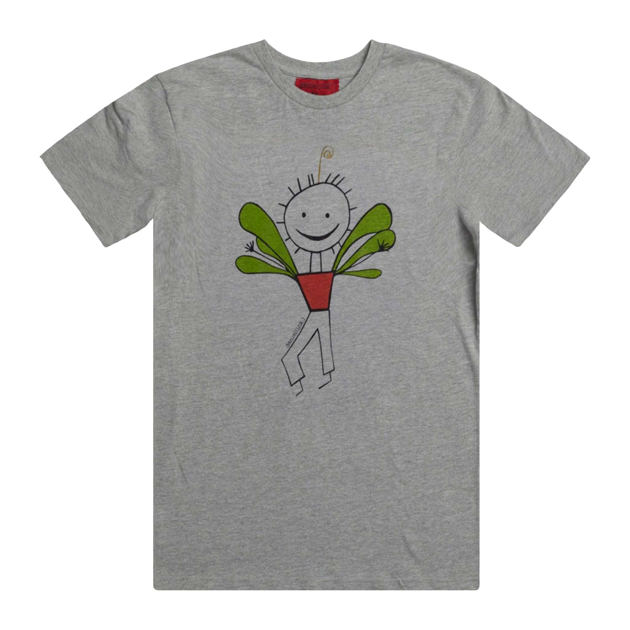 Men's grey t-shirt featuring an image of a happy humanoid pot plant. The plant person is smiling and has a red plant pot-shaped torso with long legs and green leaves sprouting from the torso. This t-shirt has a red fabric label on the back of the neck.