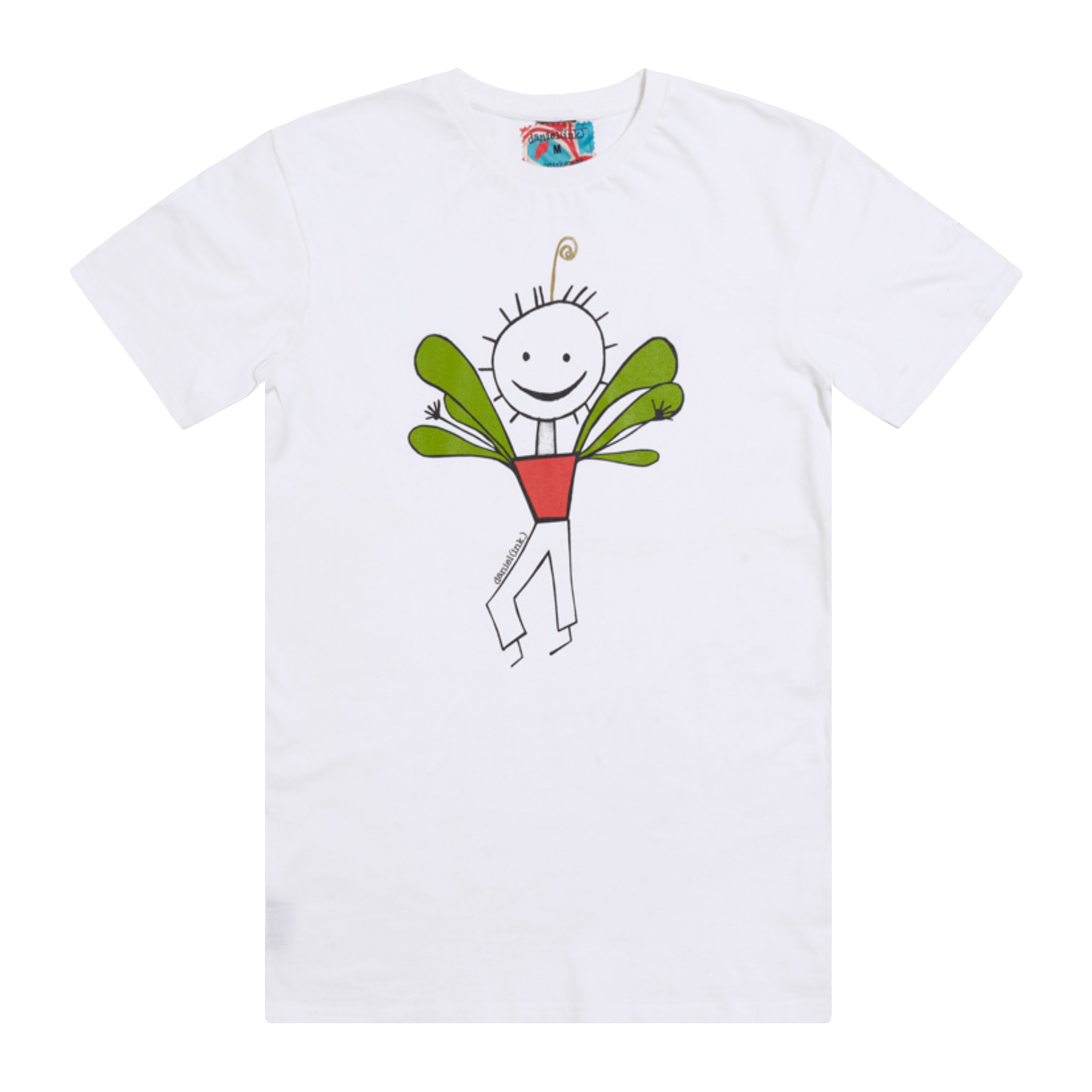 Men's white t-shirt featuring an image of a happy humanoid pot plant. The plant person is smiling and has a red plant pot-shaped torso with long legs and green leaves sprouting from the torso. This t-shirt has a red, white, and blue fabric label on the back of the neck.