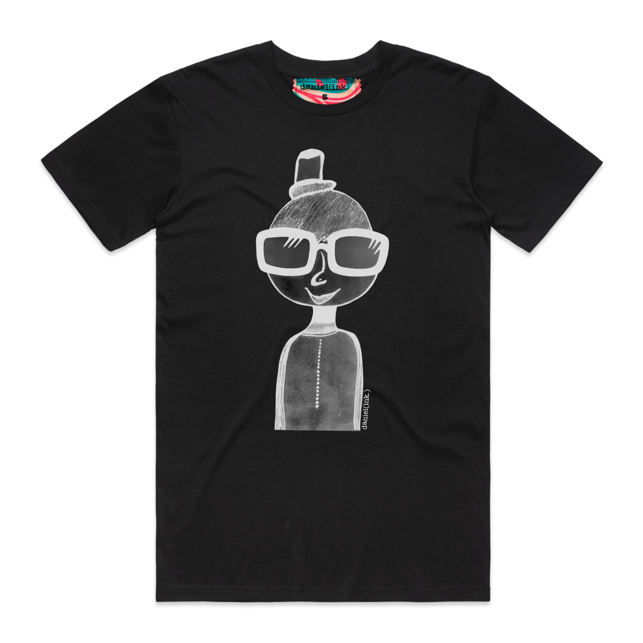 Men's black t-shirt featuring a hand drawn sketch of a person in white. The person is wearing a small top hat and big sunglasses. This t-shirt has a red, white, and blue fabric label on the back of the neck.