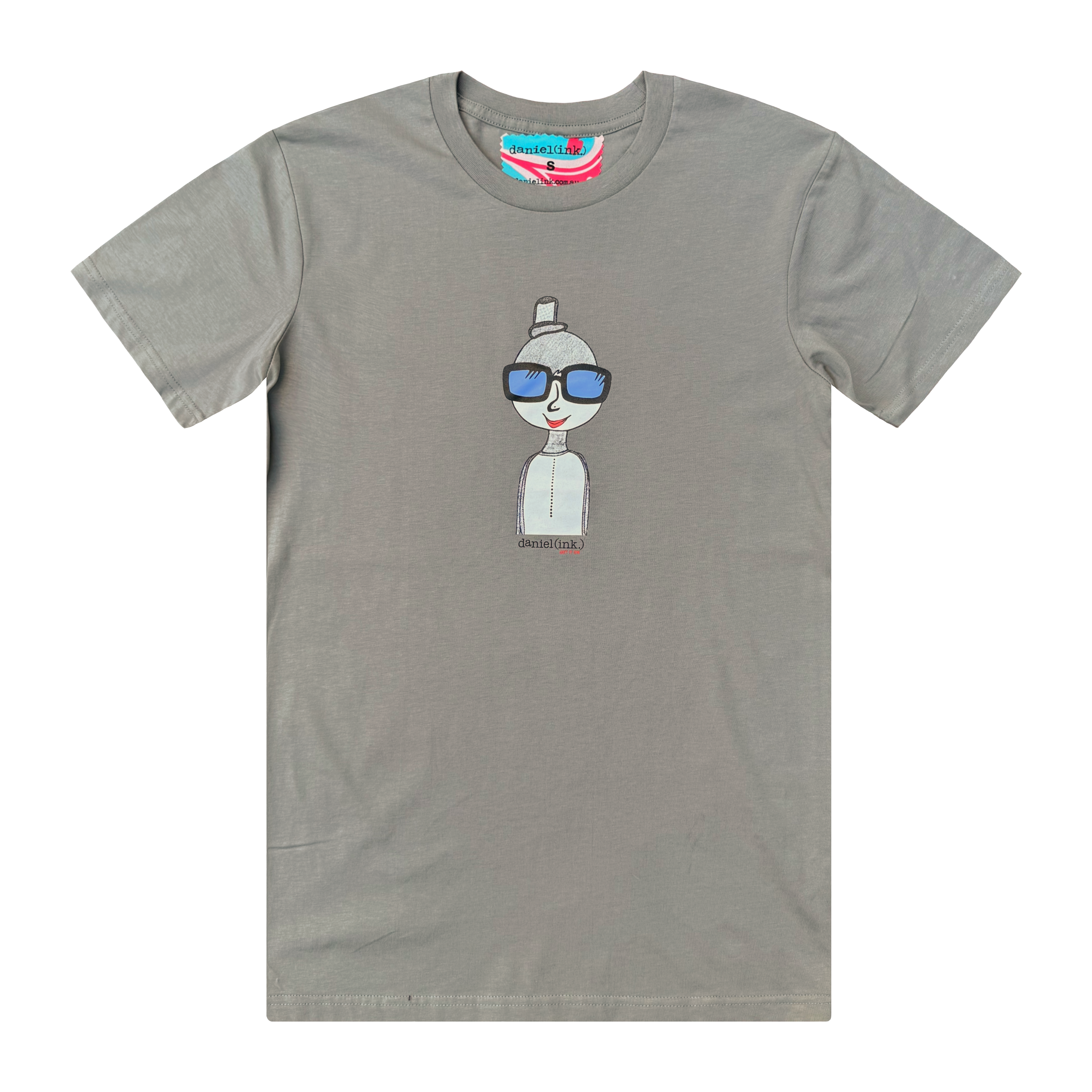 Men's granite colour t-shirt featuring a hand drawn sketch of a person in white. The person is wearing a small top hat and big sunglasses. This t-shirt has a red, white, and blue fabric label on the back of the neck.