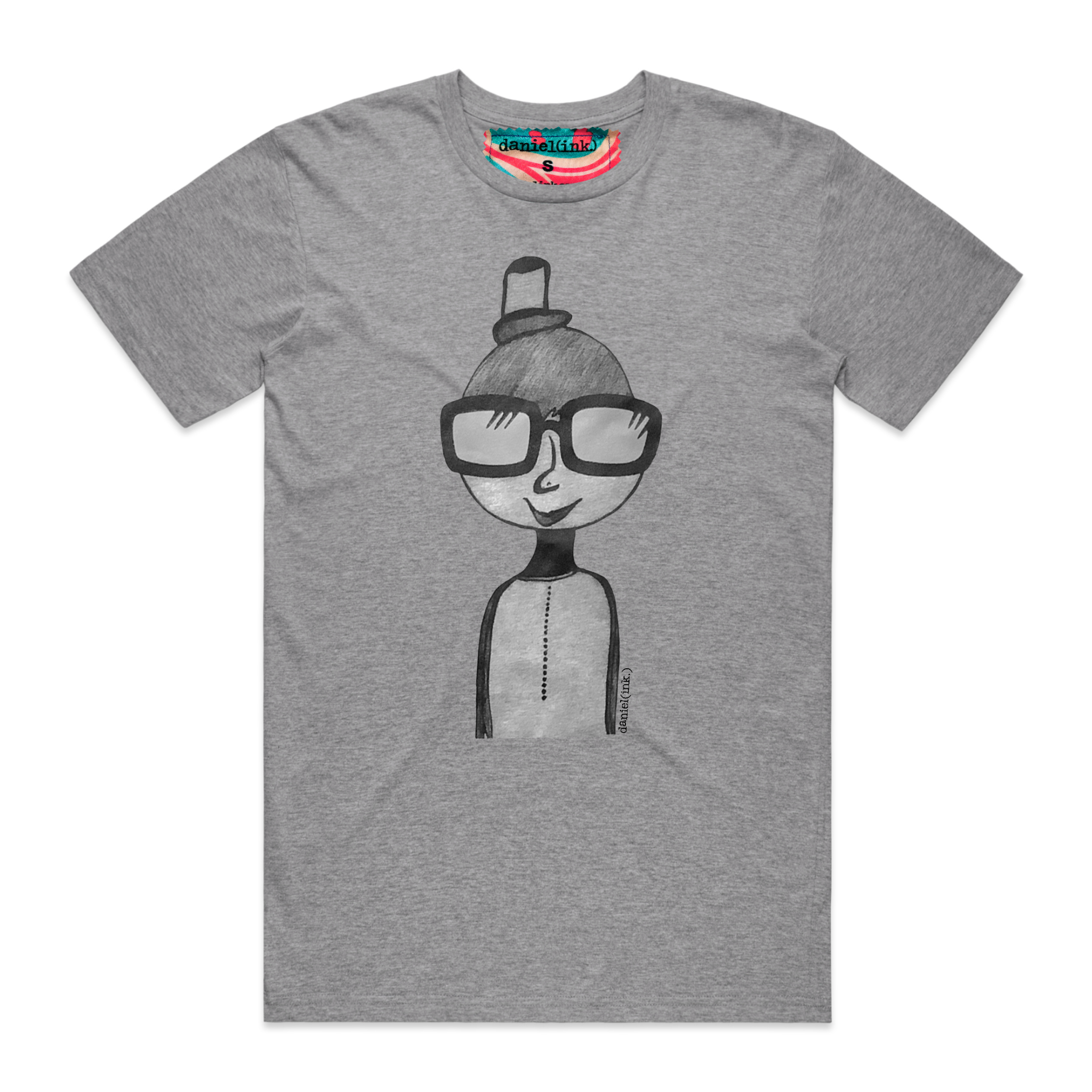Men's grey t-shirt featuring a hand drawn sketch of a person in white. The person is wearing a small top hat and big sunglasses. This t-shirt has a red, white, and blue fabric label on the back of the neck.