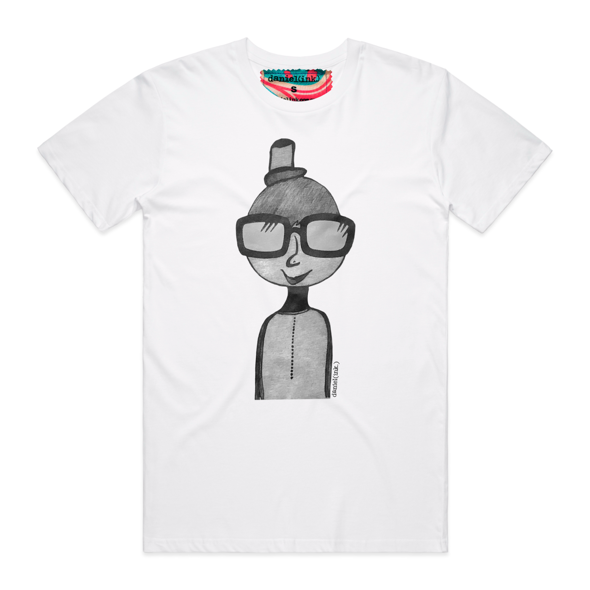 Men's white t-shirt featuring a hand drawn sketch of a person in white. The person is wearing a small top hat and big sunglasses. This t-shirt has a red, white, and blue fabric label on the back of the neck.