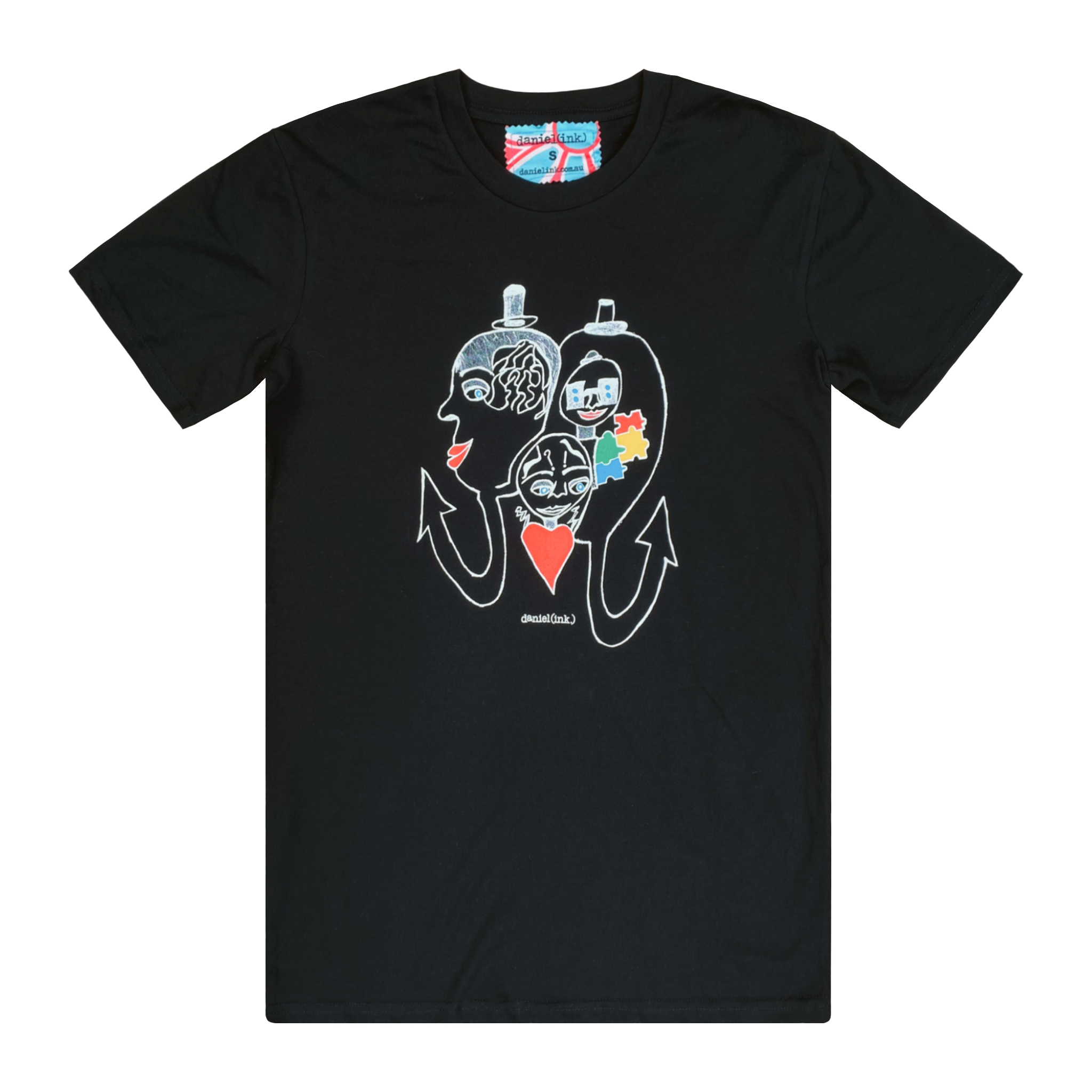 Men's black t-shirt featuring a hand drawn abstract sketch of three faces. The three faces are surrounded by different symbols of disability: braille on glasses for blindness, jigsaw pieces for autism, question marks for mental illness, and upward arrows for making progress in treatment and care of disabled people. This t-shirt has a red, white, and blue fabric label on the back of the neck.