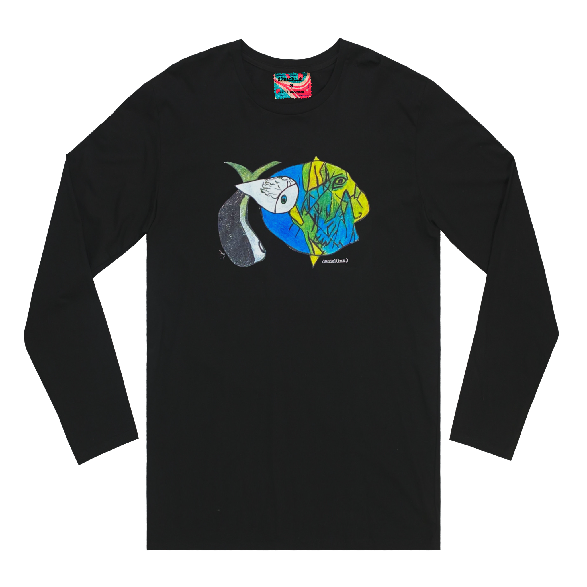 Men's black long sleeve shirt featuring an abstract drawing of three fishes swimming together. The design features a large yellow, green, and blue fish on the right; a small grey fish in the middle; and another larger grey and white fish on the left. This shirt has a red, white, and blue fabric label on the back of the neck.