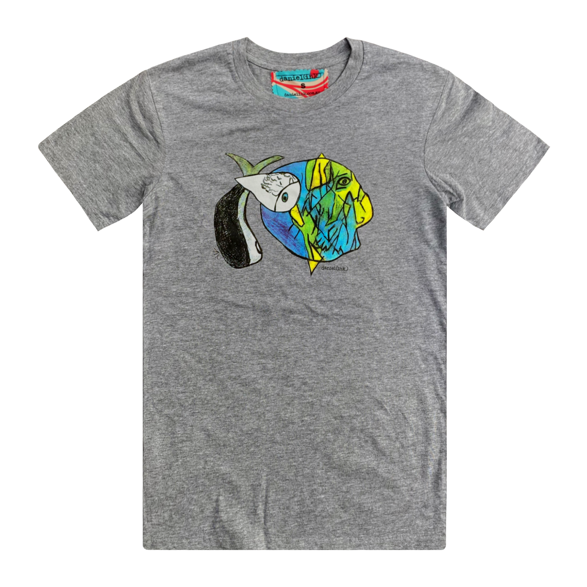 Men's grey t-shirt featuring an abstract drawing of three fishes swimming together. The design features a large yellow, green, and blue fish on the right; a small grey fish in the middle; and another larger grey and white fish on the left. This t-shirt has a red, white, and blue fabric label on the back of the neck.