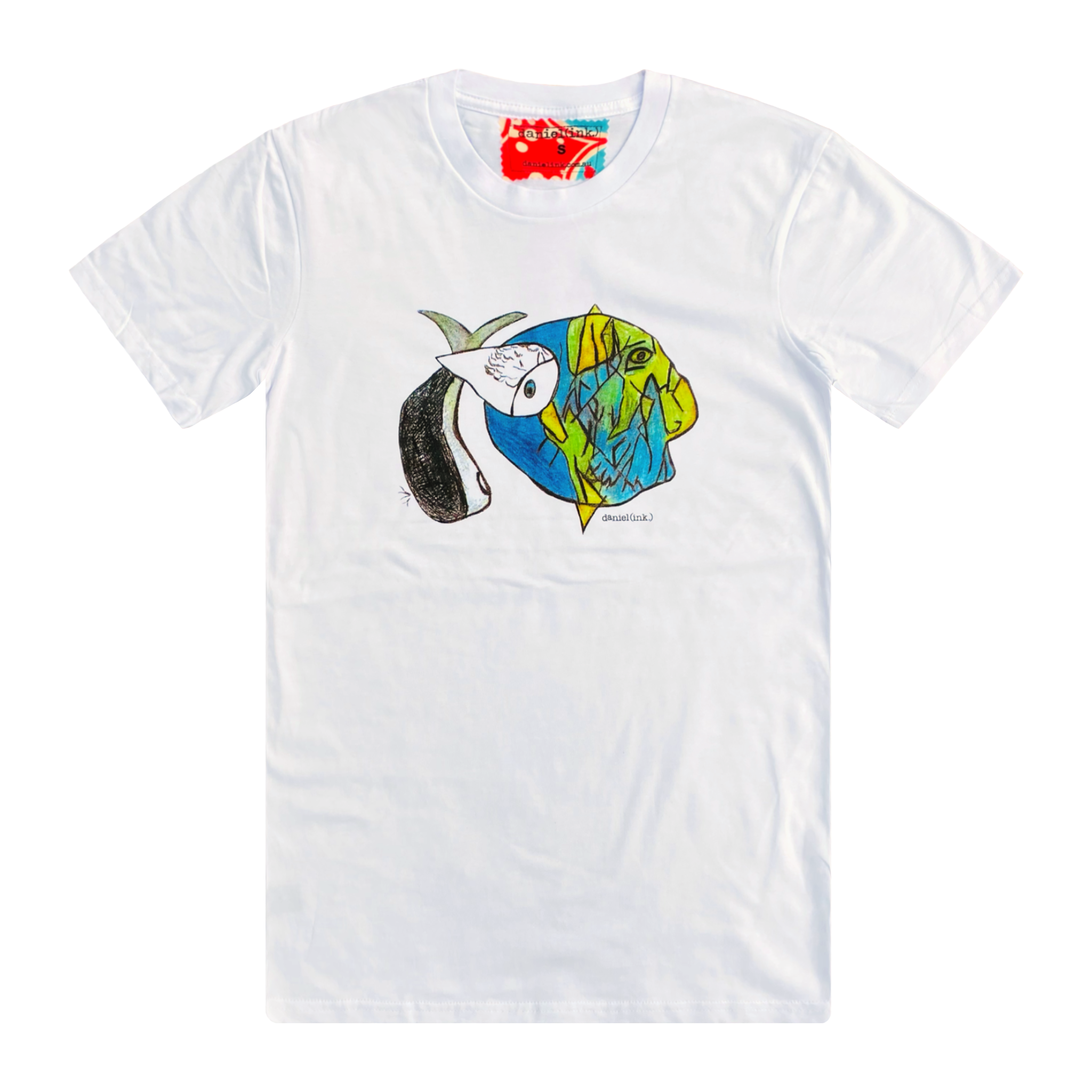 Men's white t-shirt featuring an abstract drawing of three fishes swimming together. The design features a large yellow, green, and blue fish on the right; a small grey fish in the middle; and another larger grey and white fish on the left. This t-shirt has a red, white, and blue fabric label on the back of the neck.
