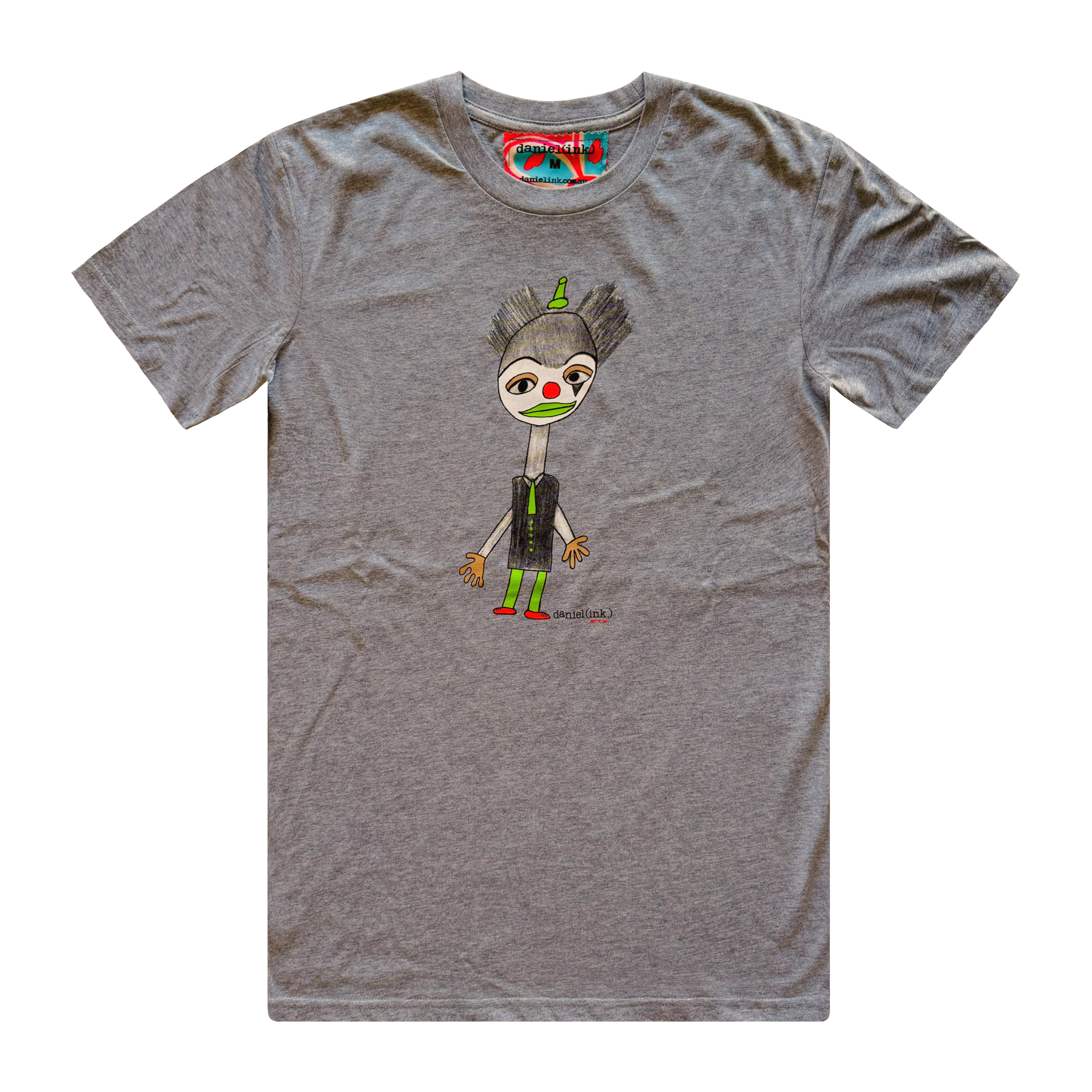 Men's grey t-shirt featuring a hand drawn image of a colourful clown. The clown has a red nose and shoes; a green hat, lips, tie, buttons, and legs; and gold eye shadow and gloves. This t-shirt has a red, white, and blue fabric label on the back of the neck.