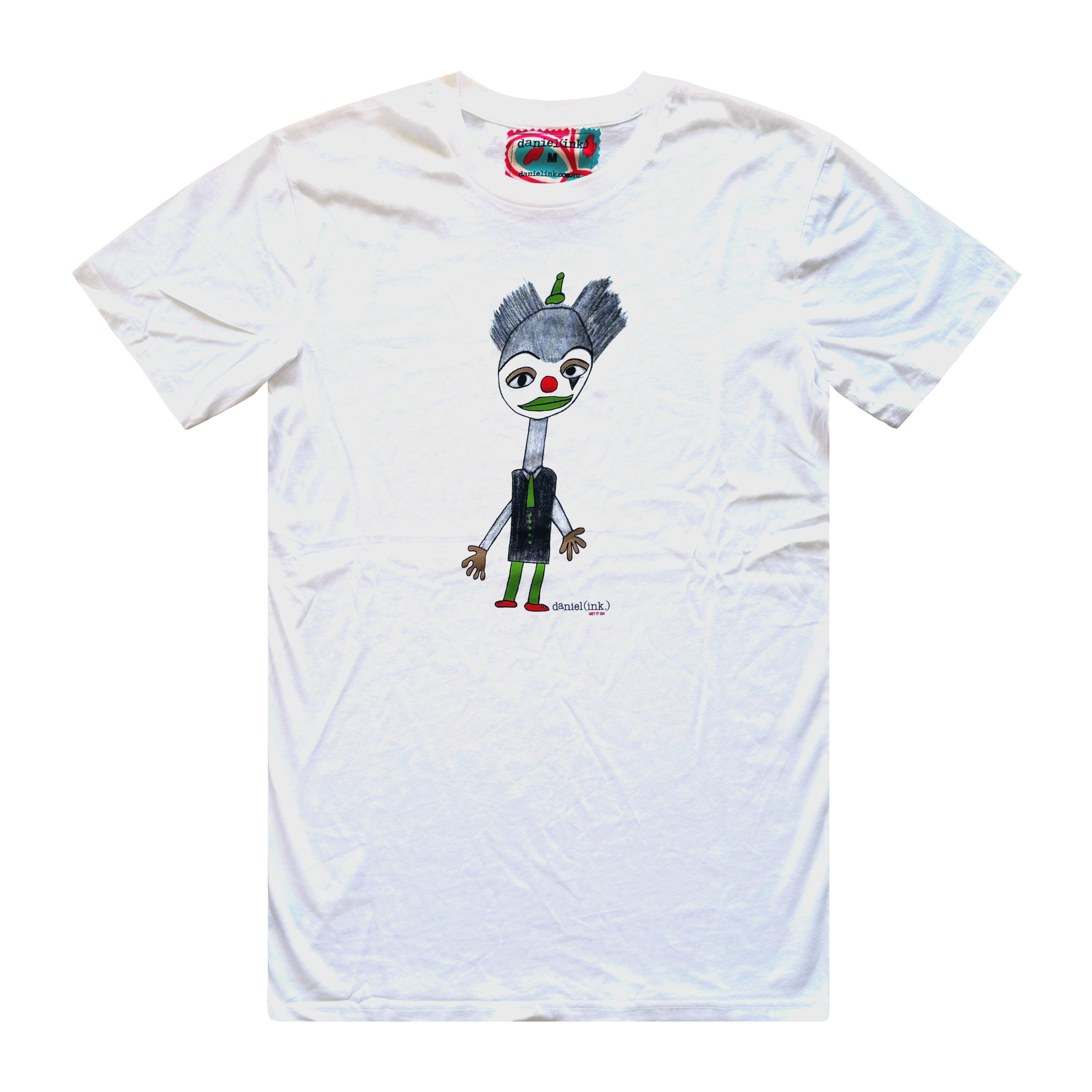 Men's white t-shirt featuring a hand drawn image of a colourful clown. The clown has a red nose and shoes; a green hat, lips, tie, buttons, and legs; and gold eye shadow and gloves. This t-shirt has a red, white, and blue fabric label on the back of the neck.