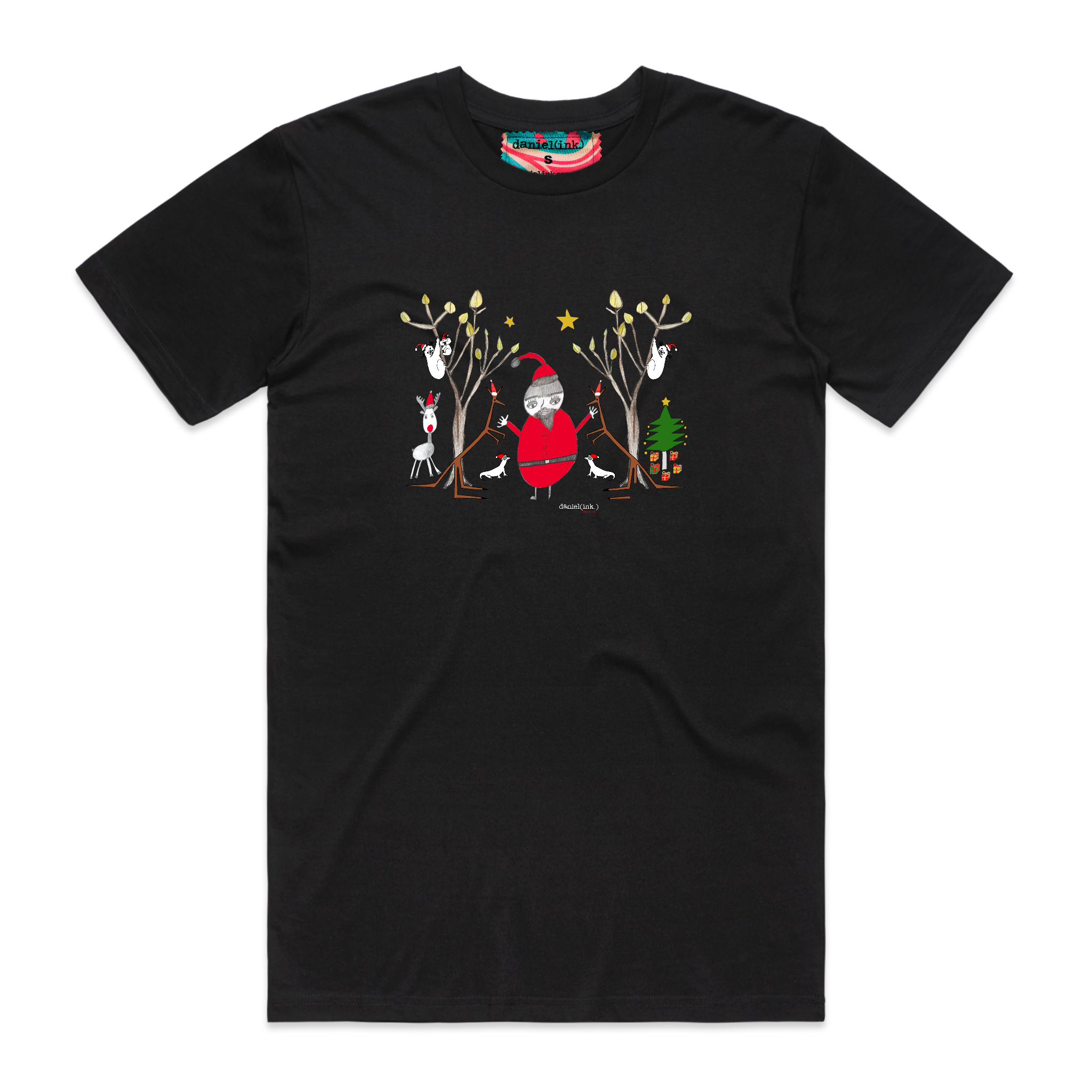 Men's black t-shirt featuring a hand drawn image of Santa Claus standing in between two kangaroos and in front of two large gum trees. The kangaroos are accompanied by two small lizards, one of Santa's reindeer, and a Christmas tree surrounded by presents. The gum trees both have koalas in them. This t-shirt has a red, white, and blue fabric label on the back of the neck.