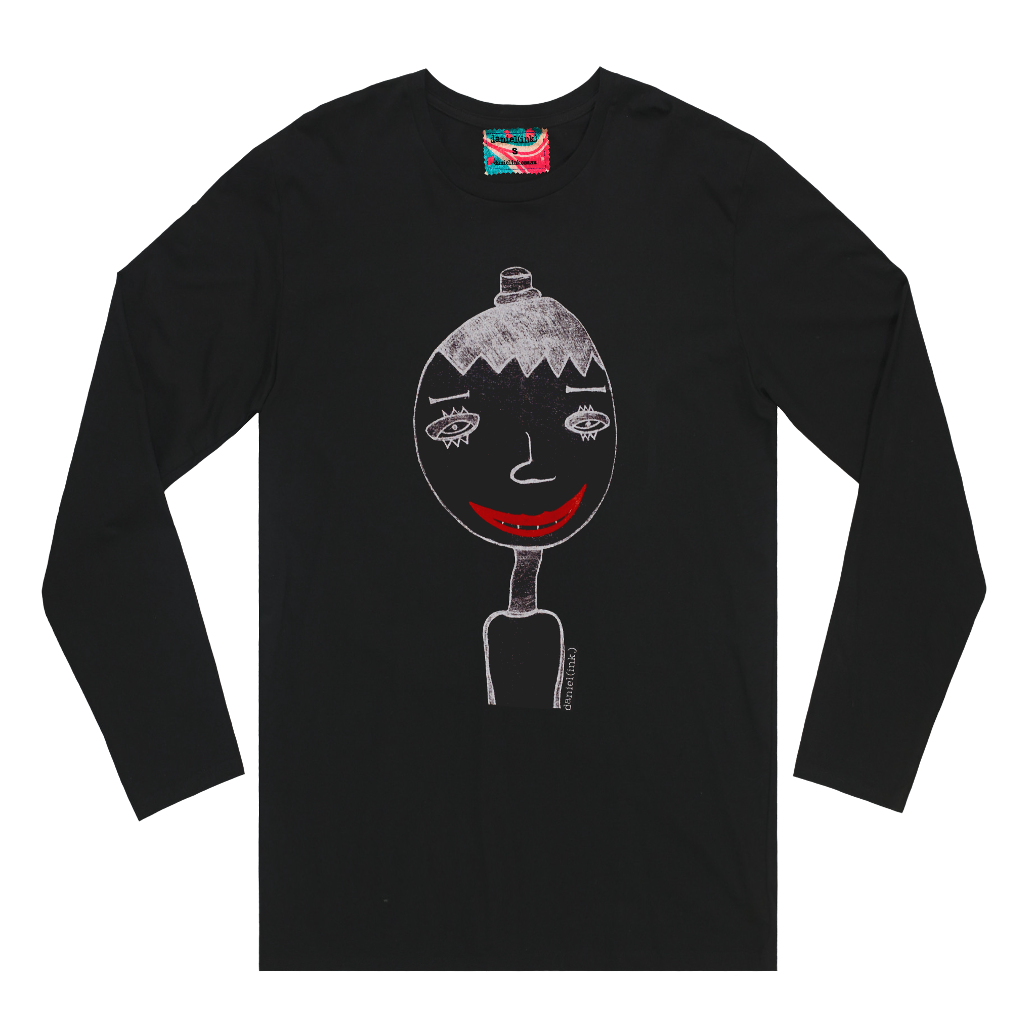 Men's black long sleeve shirt featuring a hand drawn sketch of a person in white. The person is wearing a small top hat and has big red lips in a big smile. This shirt has a red, white, and blue fabric label on the back of the neck.